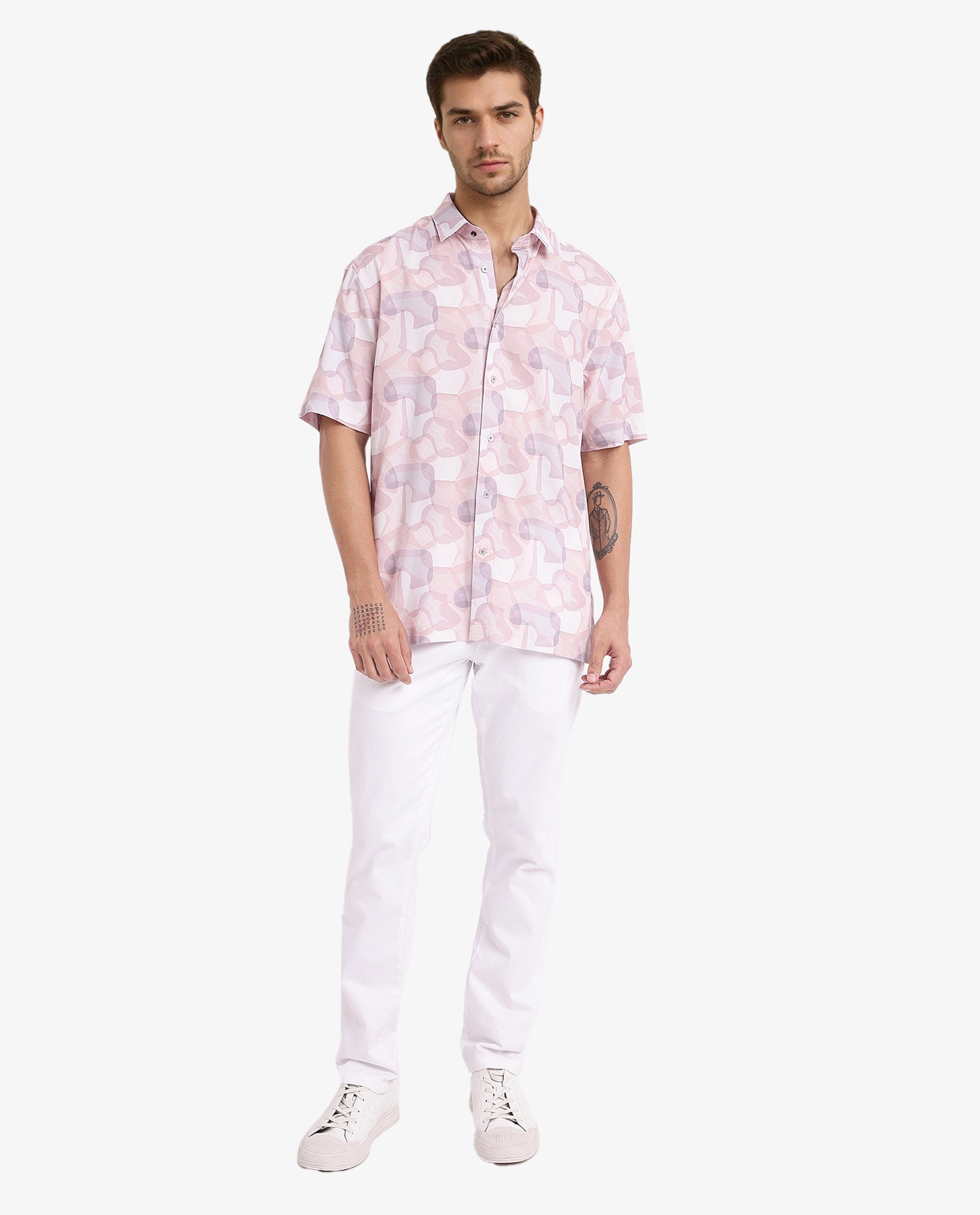 Rare Rabbit Men's Baykal Light Brown Viscose Fabric Abstract Print Half Sleeves Shirt