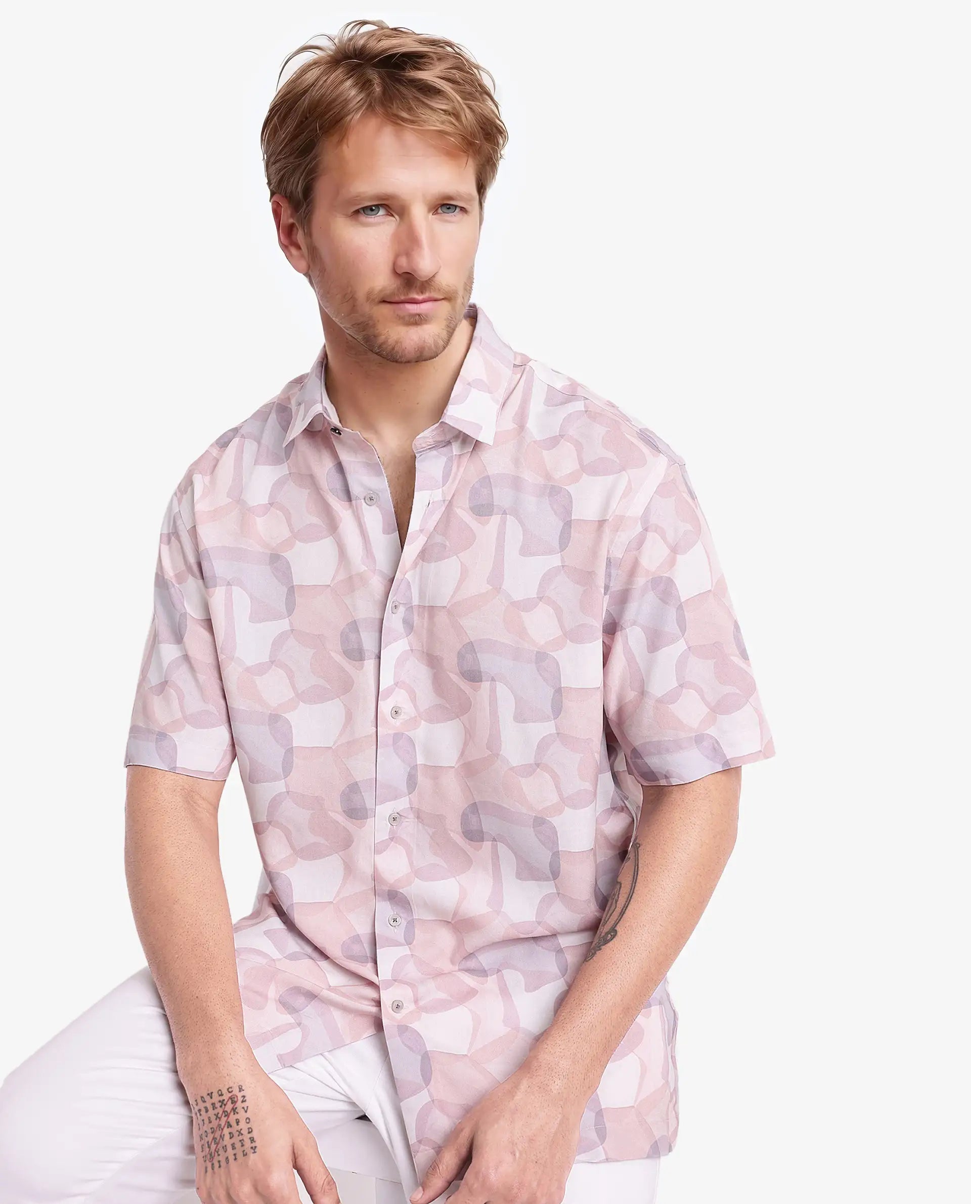 Rare Rabbit Men's Baykal Light Brown Viscose Fabric Abstract Print Half Sleeves Shirt