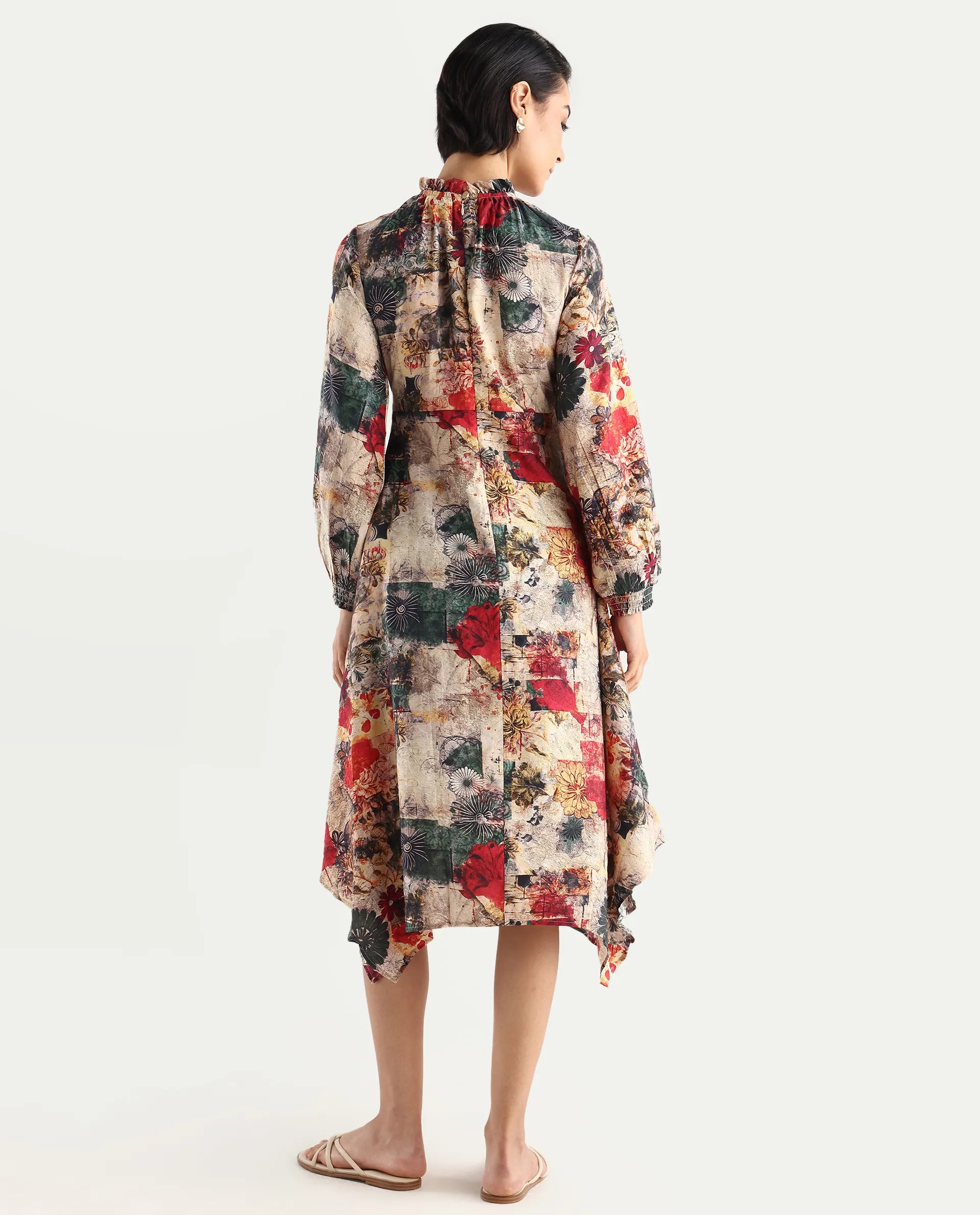 Rareism Women's Baylo Dusky Multi Cotton Blend Sweetheart Neck Abstract Print Smocked Sleeve Midi Asymmetric Dress