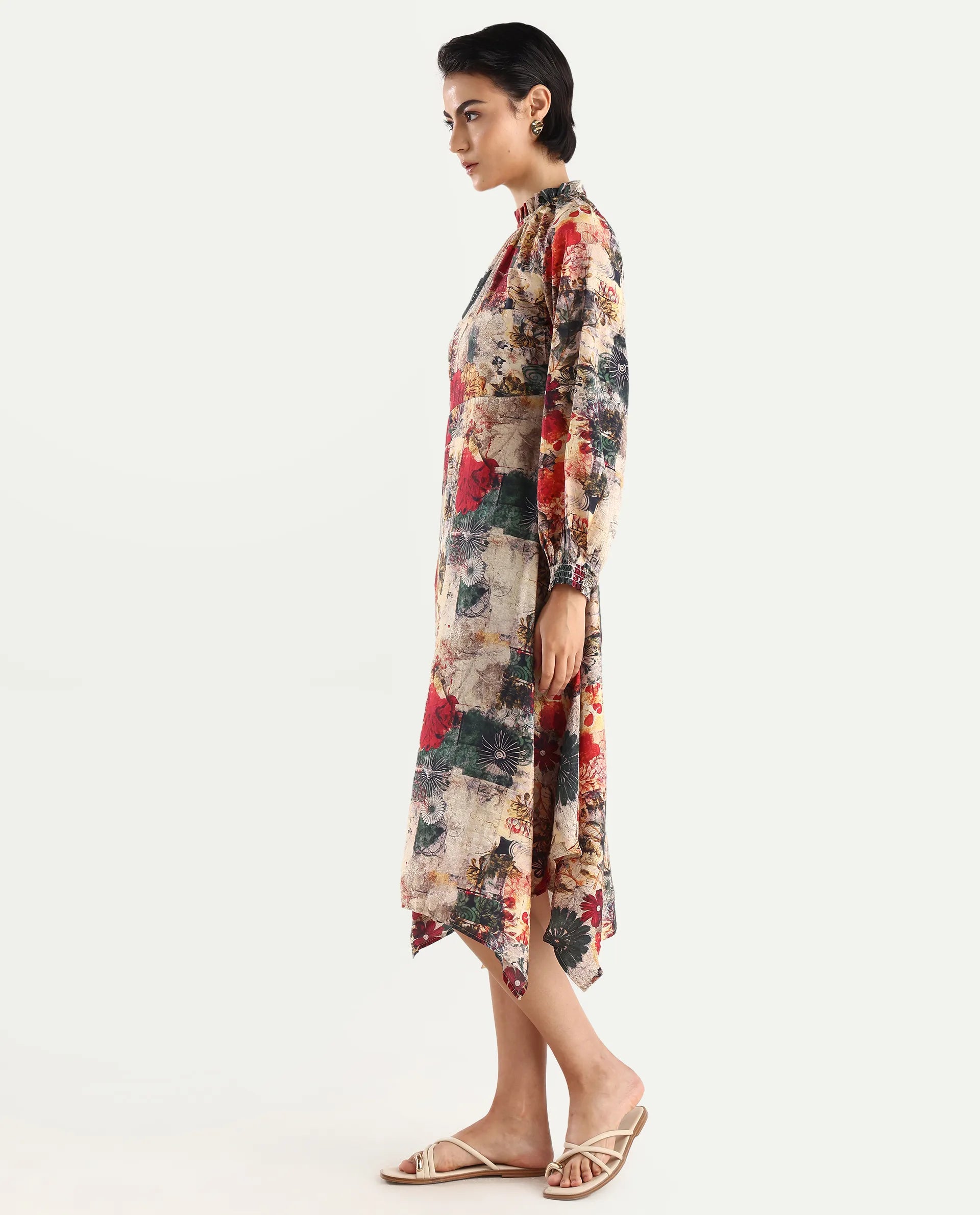 Rareism Women's Baylo Dusky Multi Cotton Blend Sweetheart Neck Abstract Print Smocked Sleeve Midi Asymmetric Dress