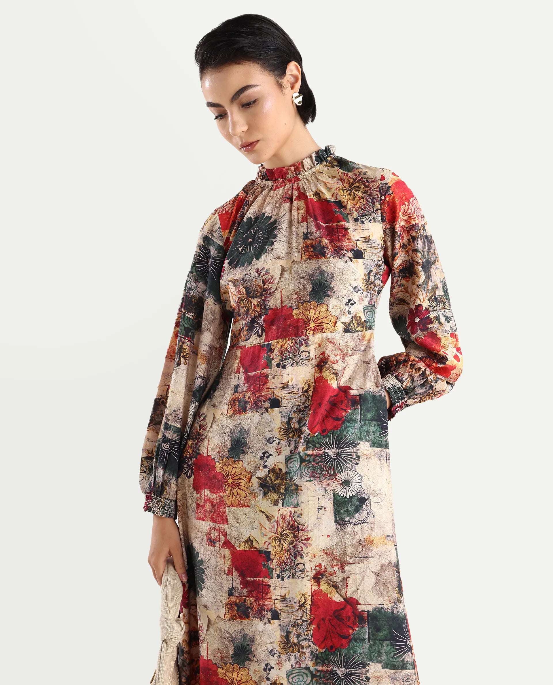 Rareism Women's Baylo Dusky Multi Cotton Blend Sweetheart Neck Abstract Print Smocked Sleeve Midi Asymmetric Dress