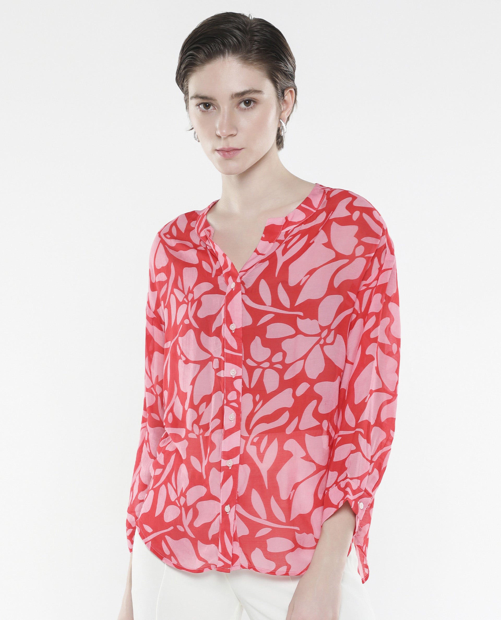 Rareism Women Bayton-SC Red Button Closure Cuffed Sleeve Mandarin Collar Relaxed Fit Floral Print Top