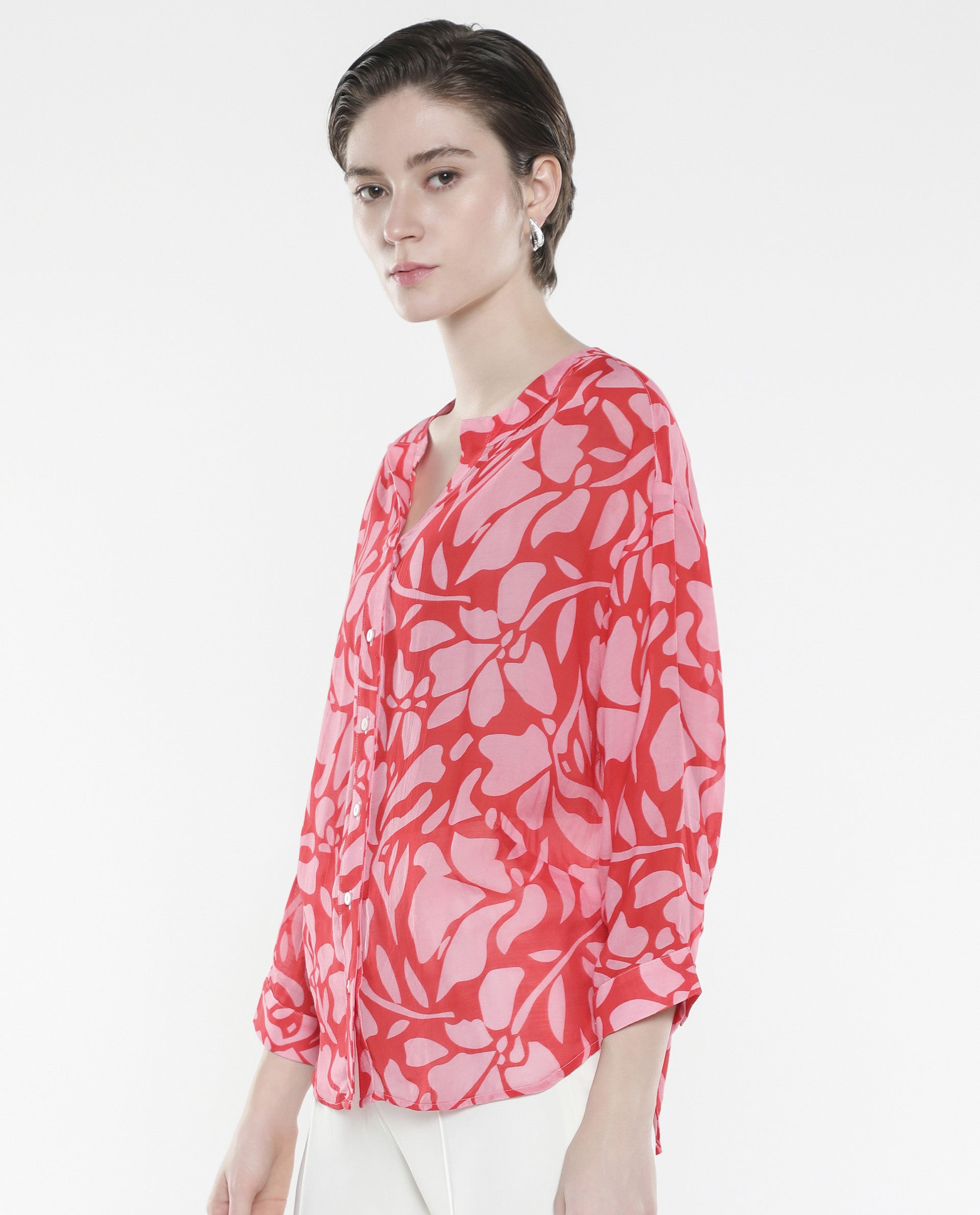 Rareism Women Bayton-SC Red Button Closure Cuffed Sleeve Mandarin Collar Relaxed Fit Floral Print Top