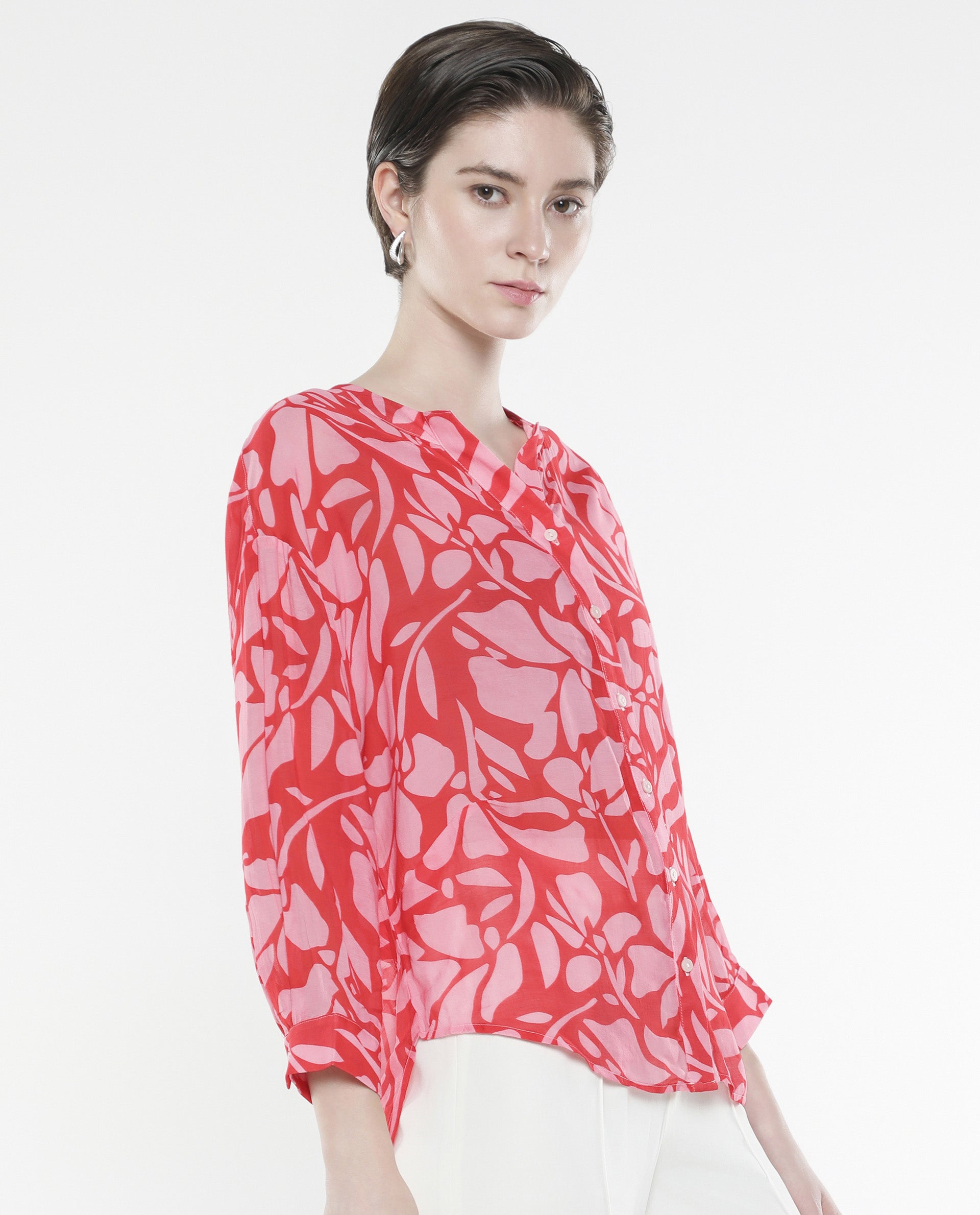 Rareism Women Bayton-SC Red Button Closure Cuffed Sleeve Mandarin Collar Relaxed Fit Floral Print Top