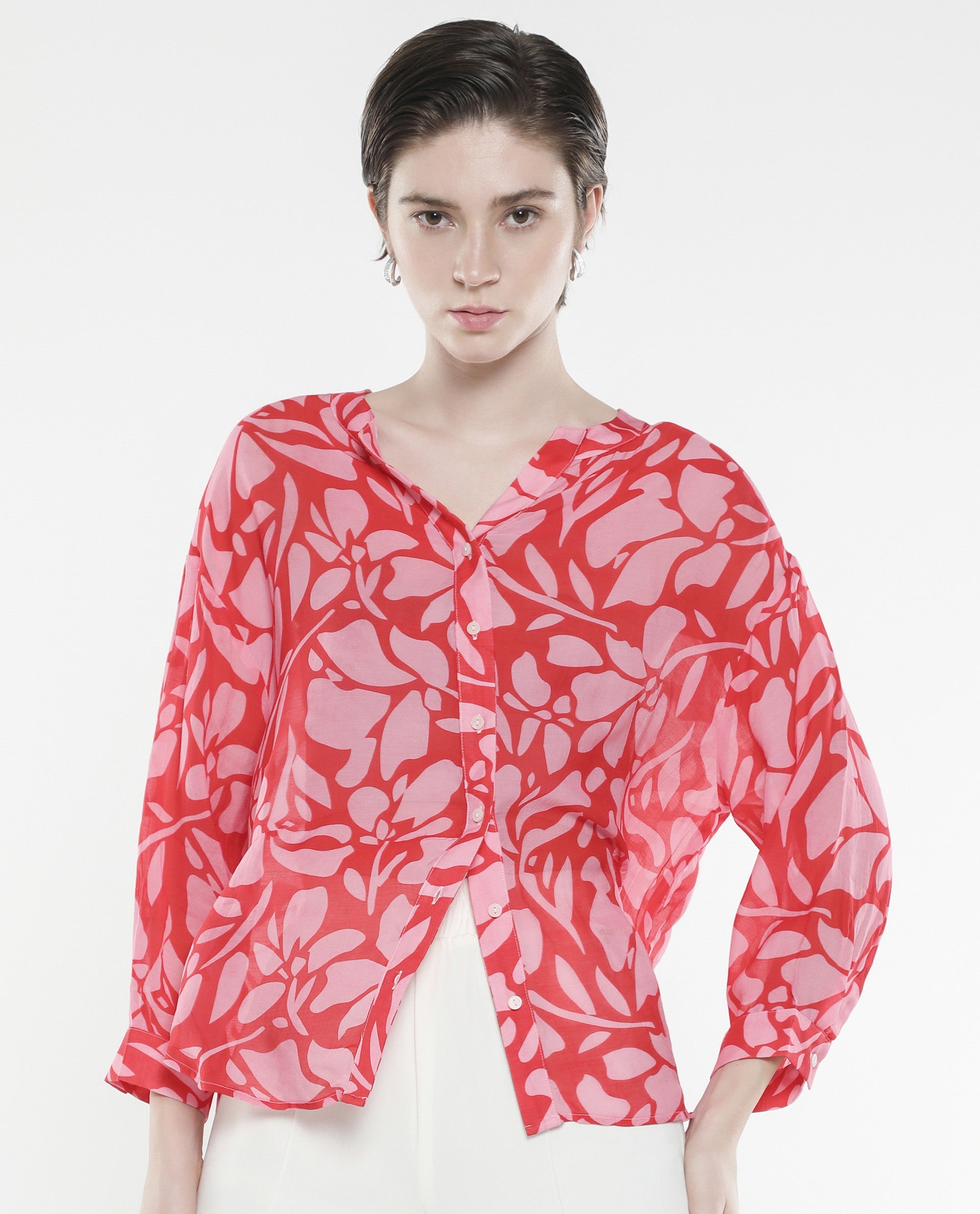 Rareism Women Bayton-SC Red Button Closure Cuffed Sleeve Mandarin Collar Relaxed Fit Floral Print Top