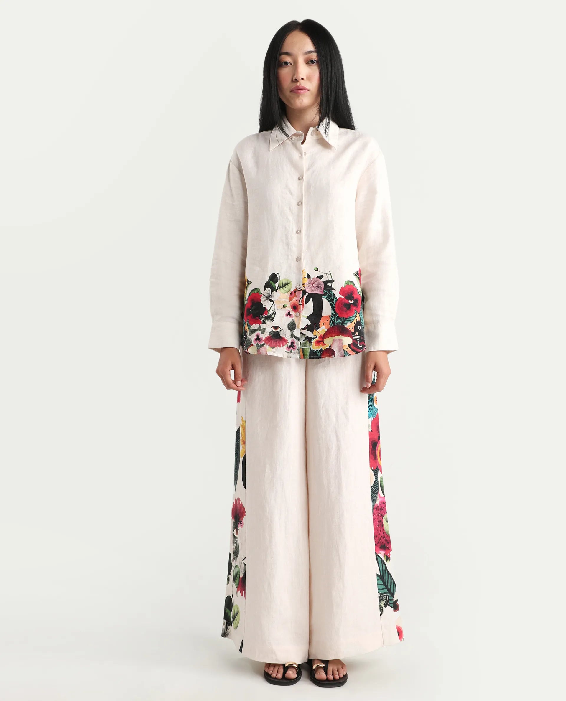 Rareism Women's Bazper-B Off White 100% Linen Wide Leg Plain Trouser