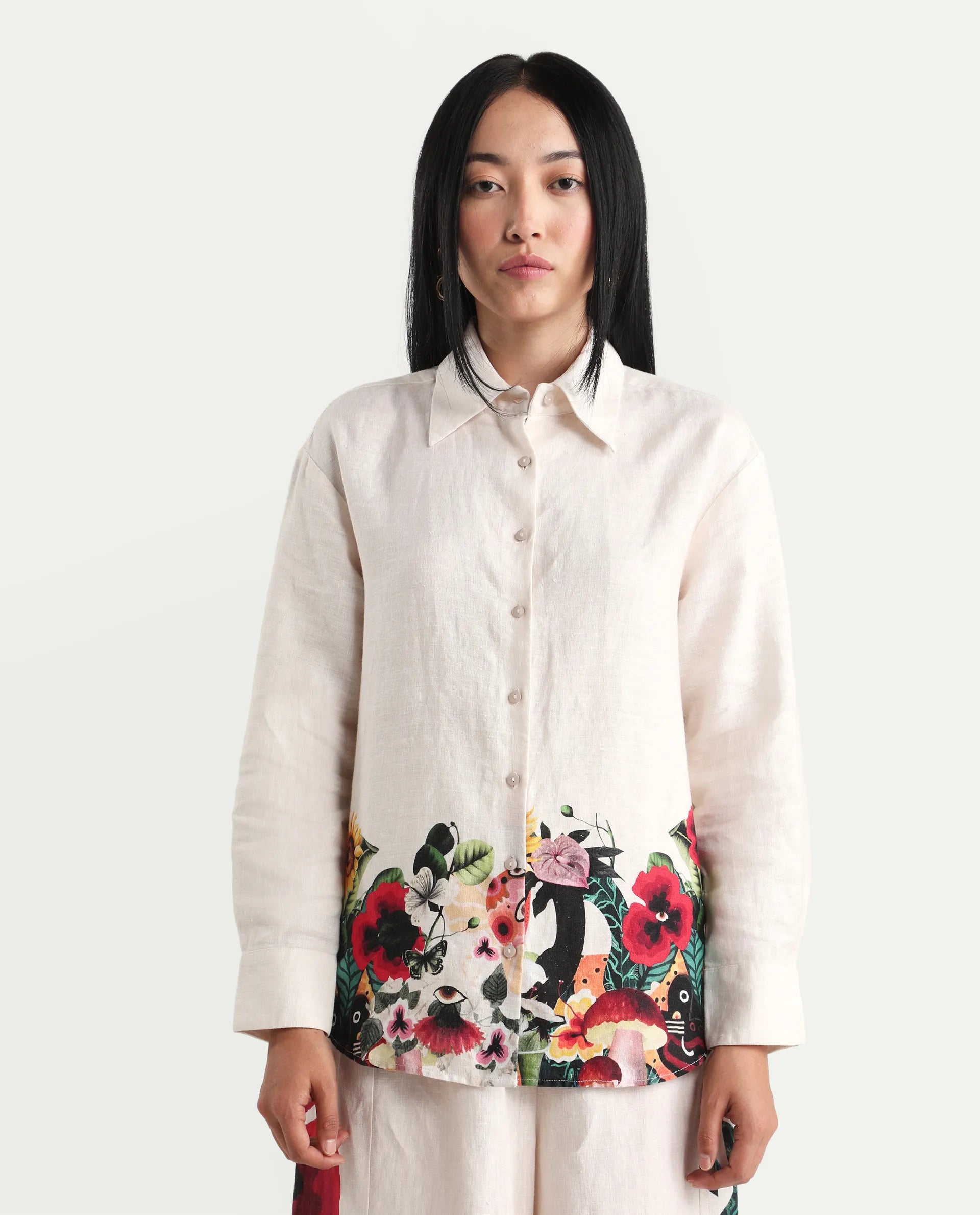 Rareism Women's Bazper-T Off White 100% Linen Full Sleeve Regular Fit Abstract Print Shirt