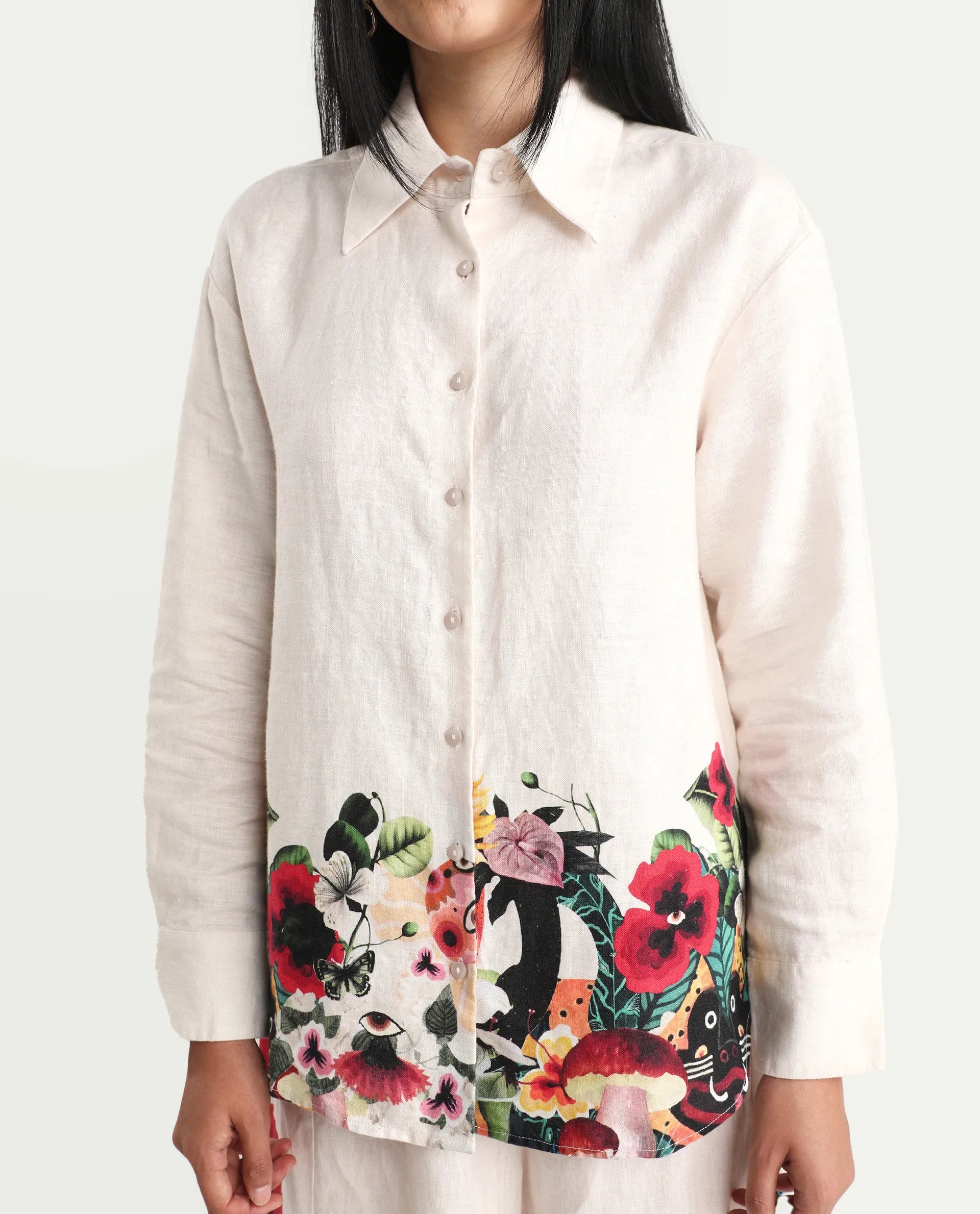 Rareism Women's Bazper-T Off White 100% Linen Full Sleeve Regular Fit Abstract Print Shirt