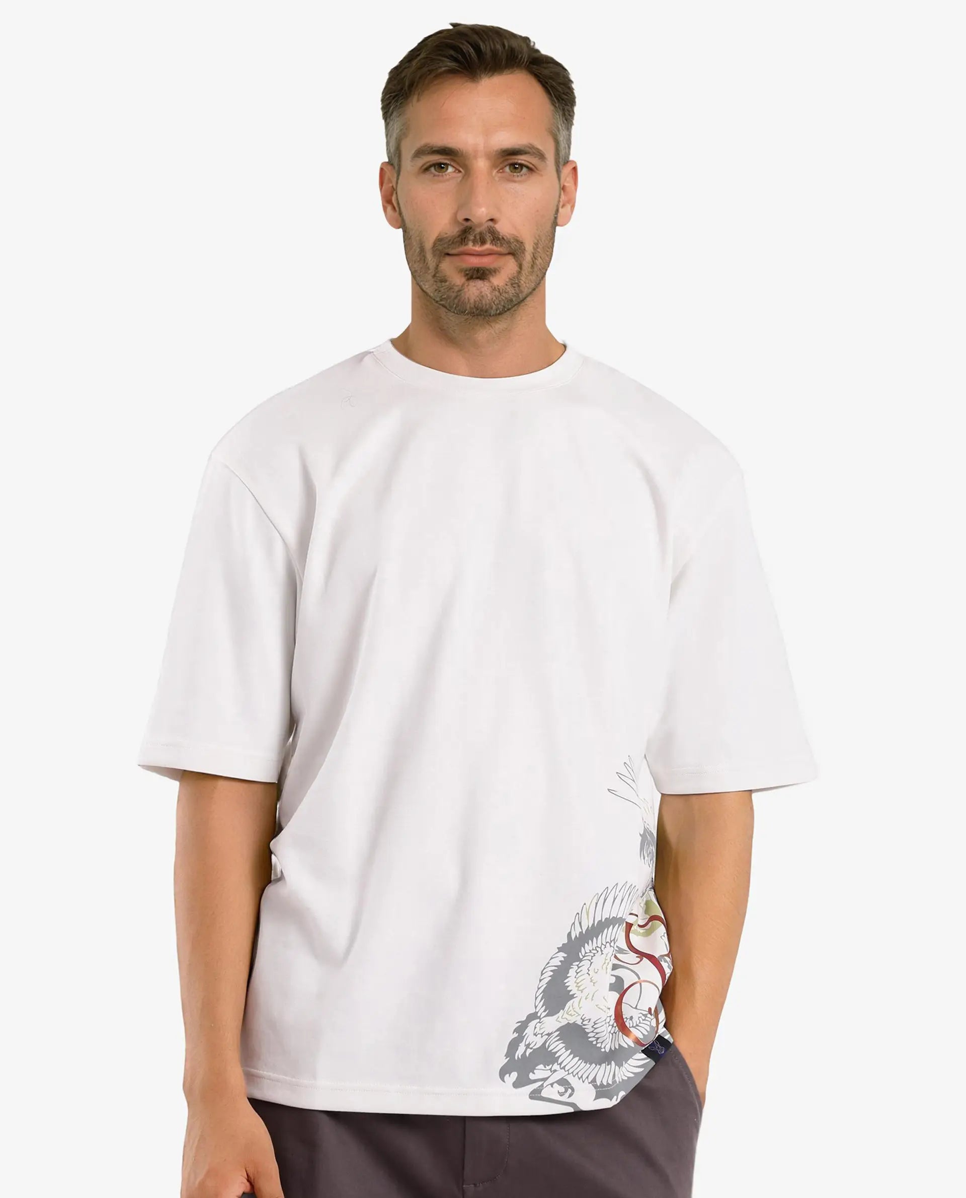 Rare Rabbit Men Bazy Off White Cotton Polyester Fabric Short Sleeve Crew Neck Graphic Print T-Shirt