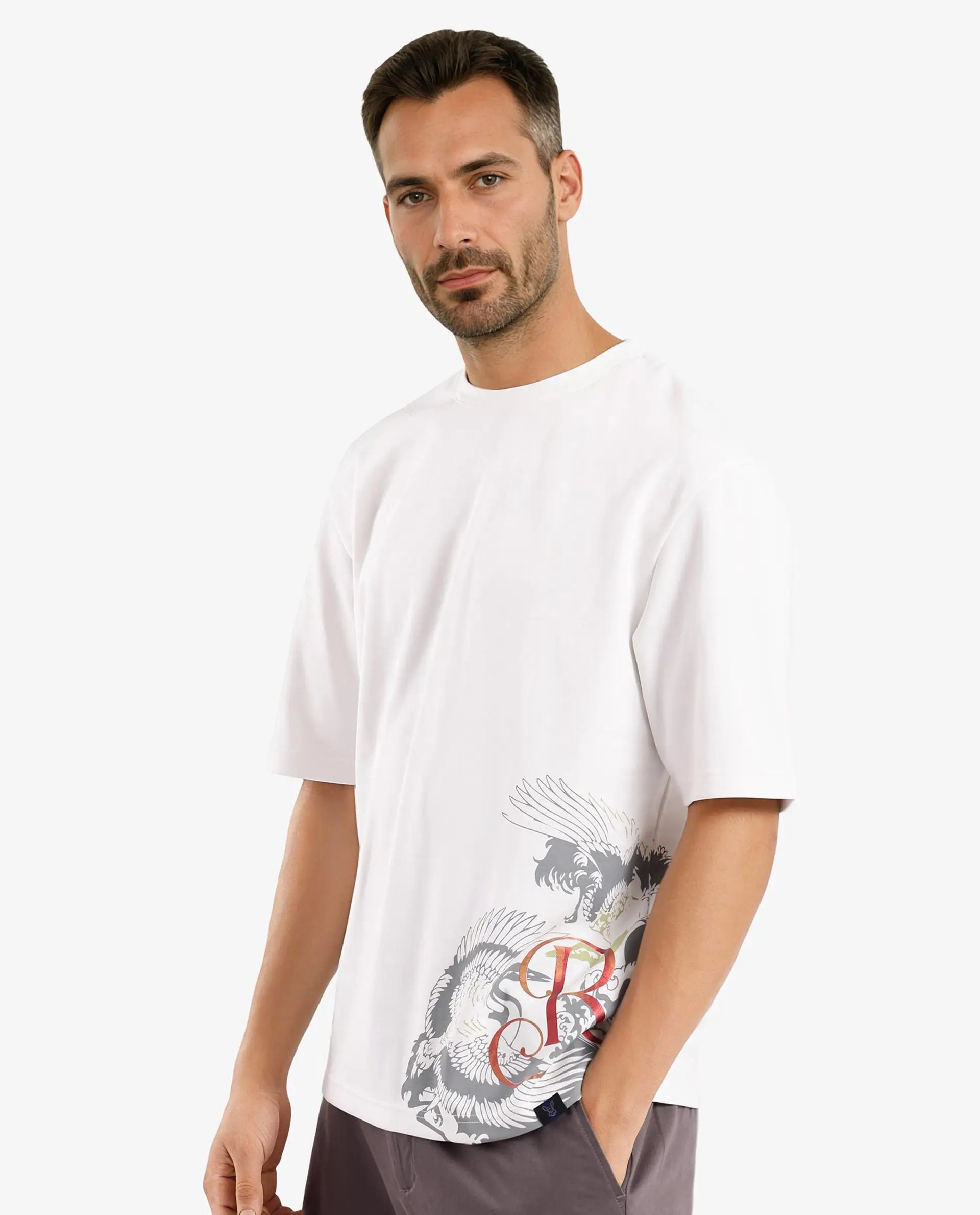 Rare Rabbit Men Bazy Off White Cotton Polyester Fabric Short Sleeve Crew Neck Graphic Print T-Shirt