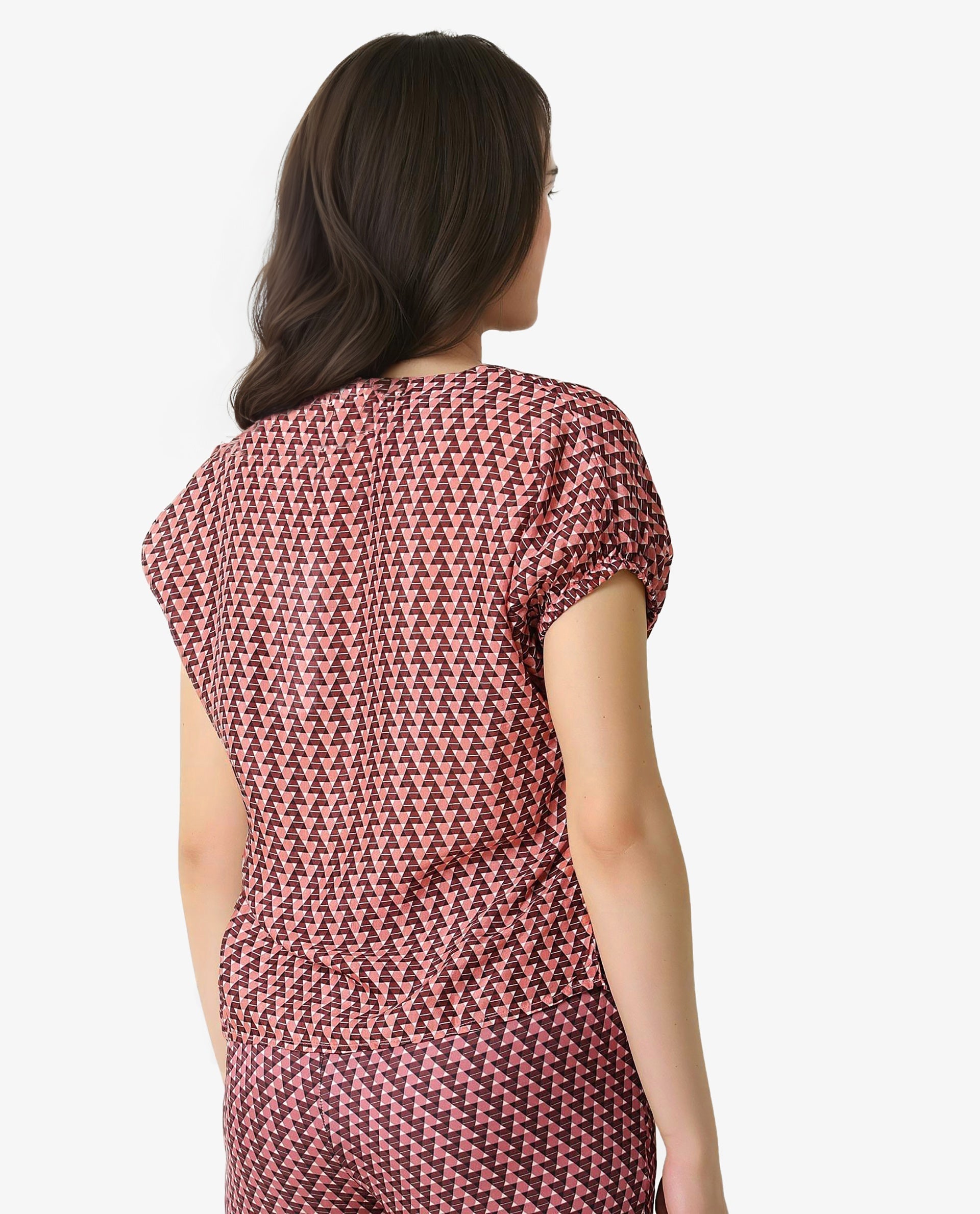 Rareism Womens Bea Maroon Top Cotton Silk Fabric Loose Fit Extended Sleeves V Neck