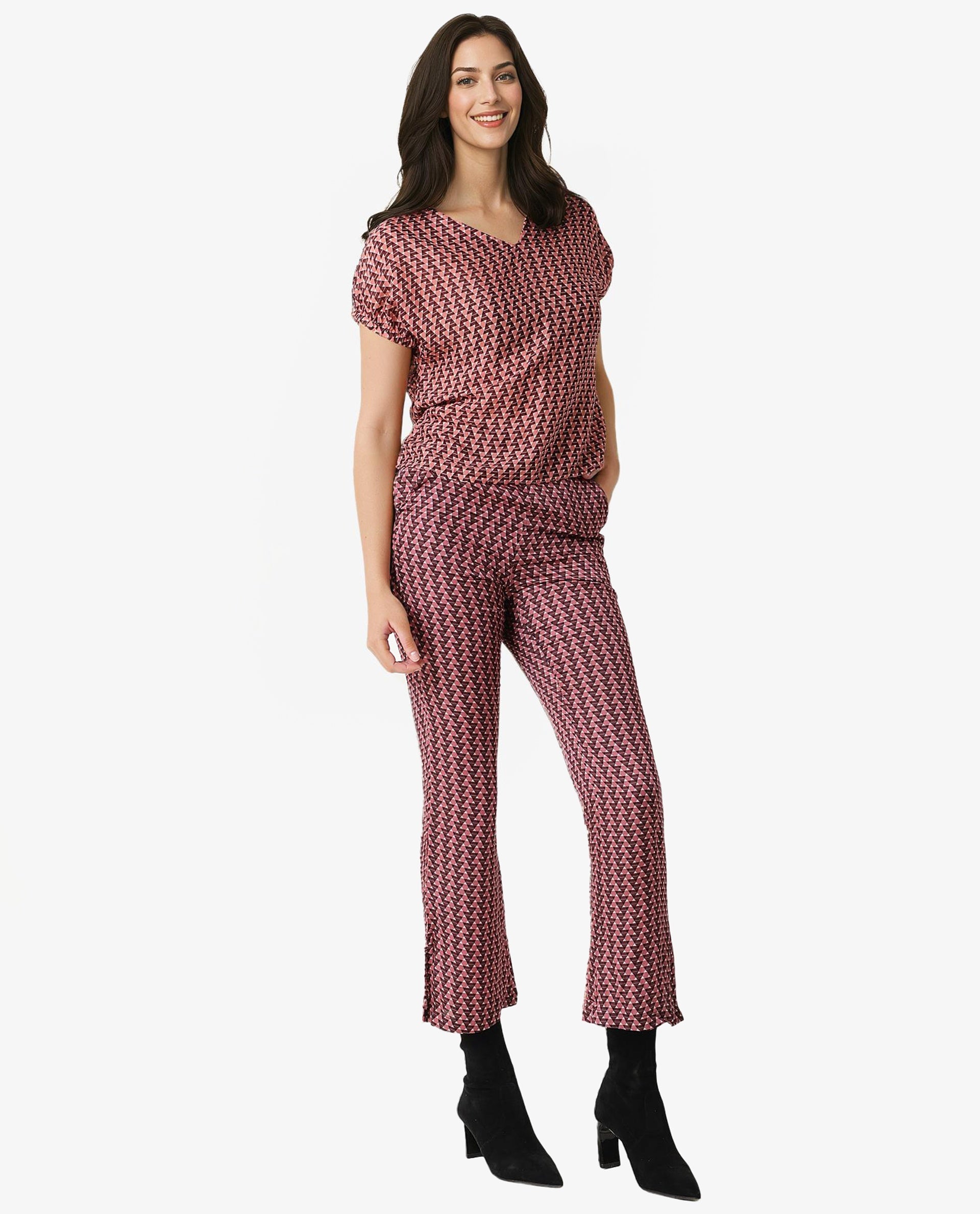 Rareism Womens Bea Maroon Top Cotton Silk Fabric Loose Fit Extended Sleeves V Neck