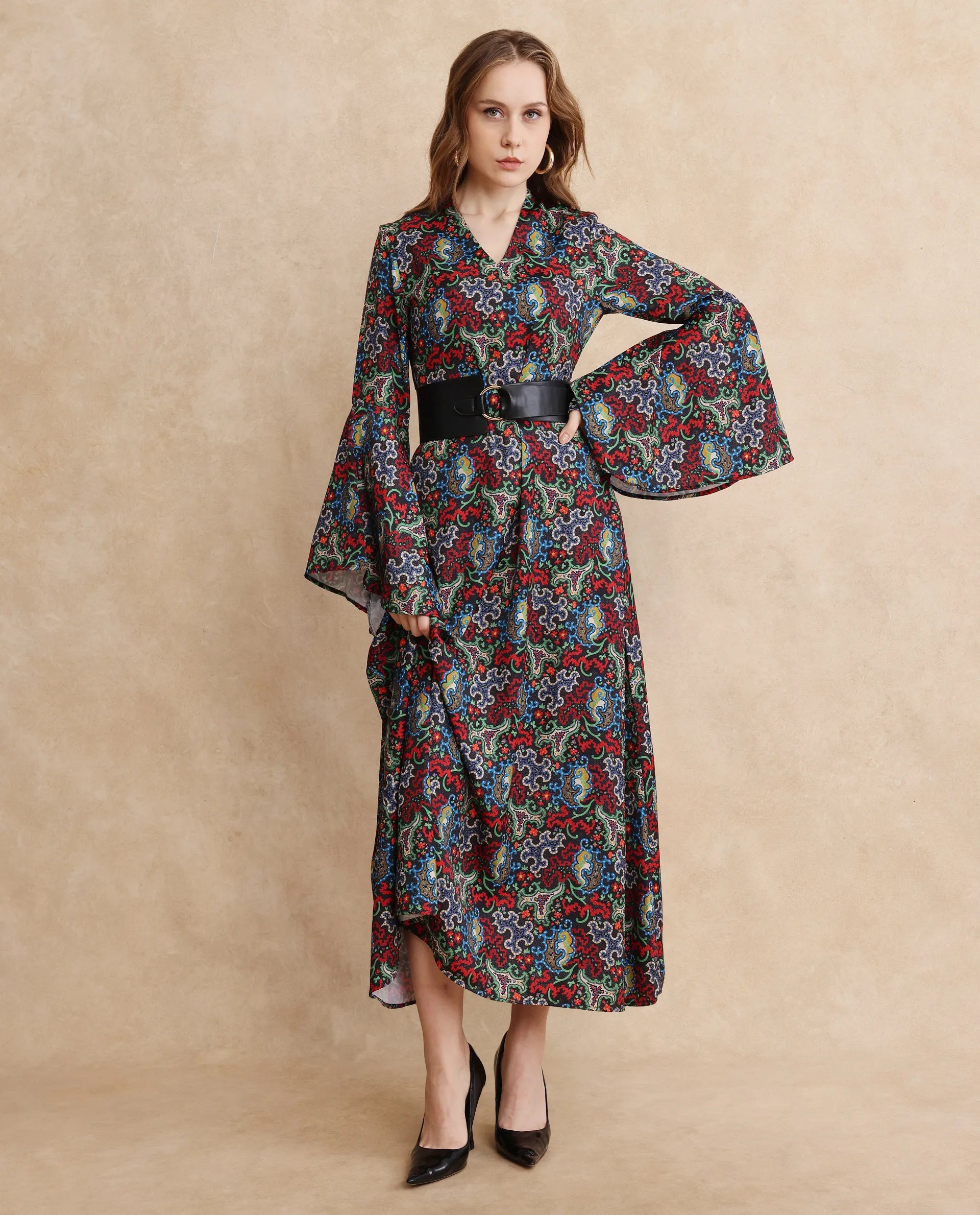 Rareism Women's Bedx Dark Multi  V-Neck Zipper Closure Bell Sleeve Abstract Fit And Flare Maxi Dress