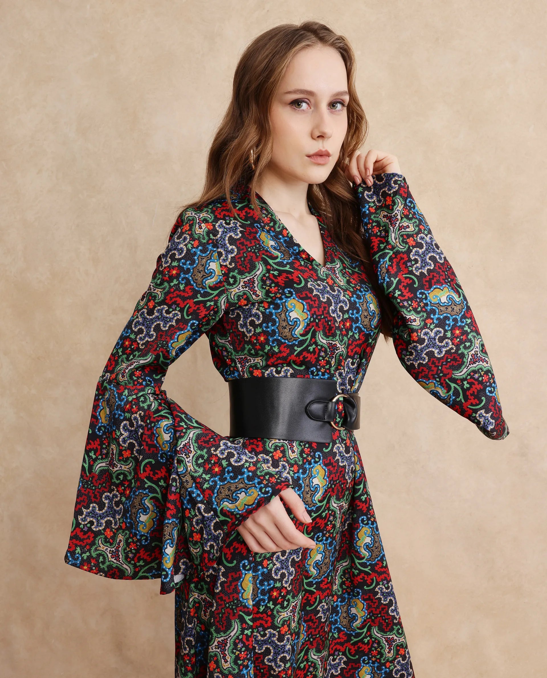 Rareism Women's Bedx Dark Multi  V-Neck Zipper Closure Bell Sleeve Abstract Fit And Flare Maxi Dress