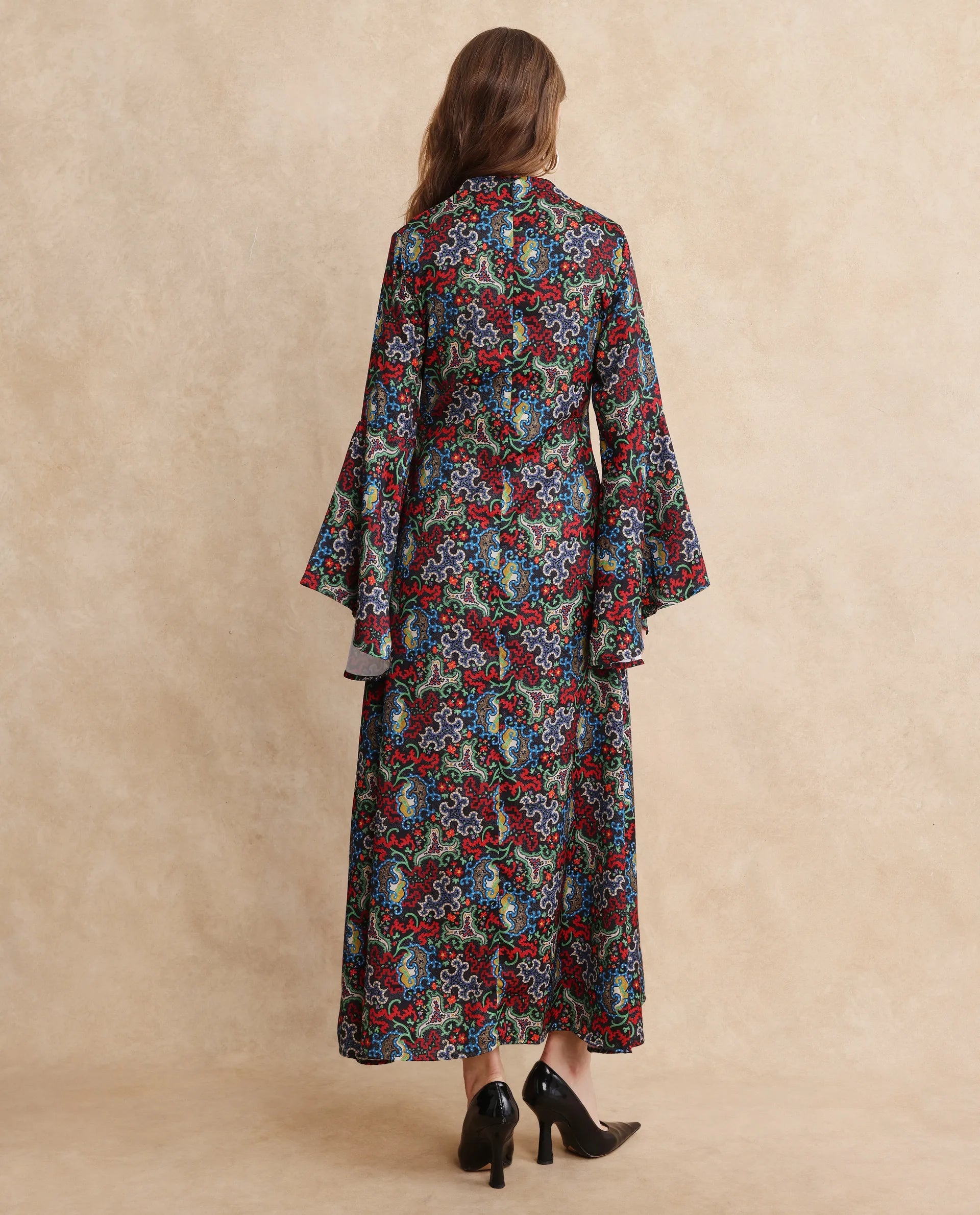 Rareism Women's Bedx Dark Multi  V-Neck Zipper Closure Bell Sleeve Abstract Fit And Flare Maxi Dress