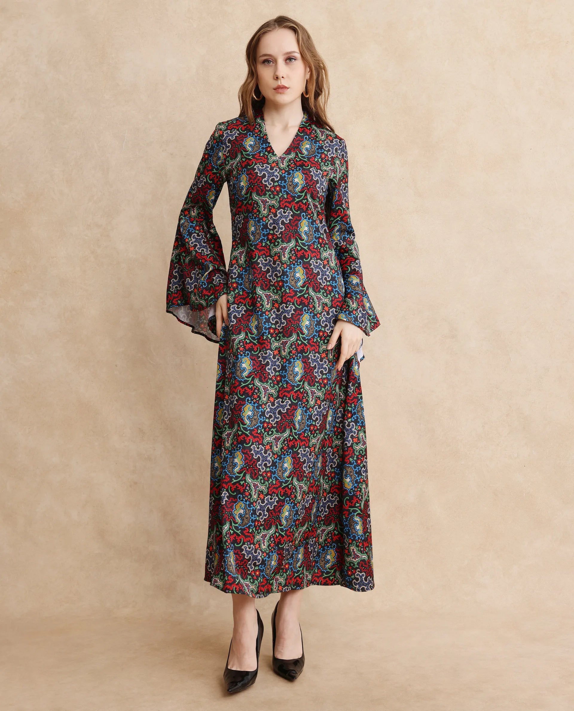 Rareism Women's Bedx Dark Multi  V-Neck Zipper Closure Bell Sleeve Abstract Fit And Flare Maxi Dress