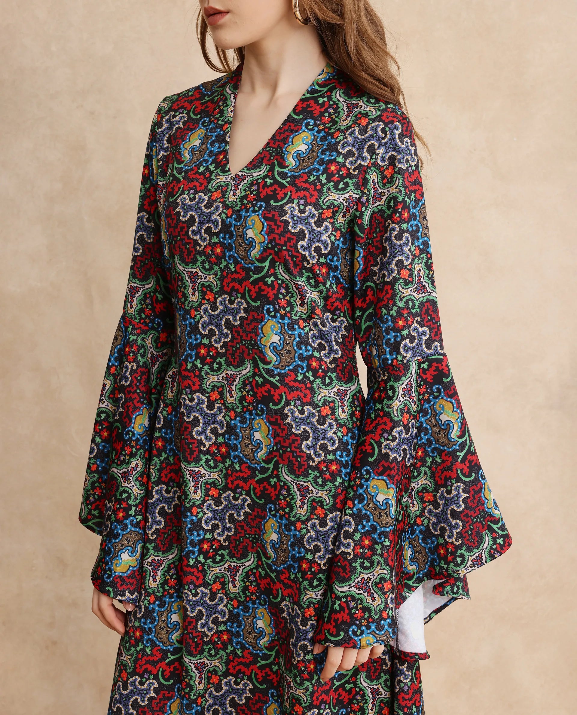 Rareism Women's Bedx Dark Multi  V-Neck Zipper Closure Bell Sleeve Abstract Fit And Flare Maxi Dress