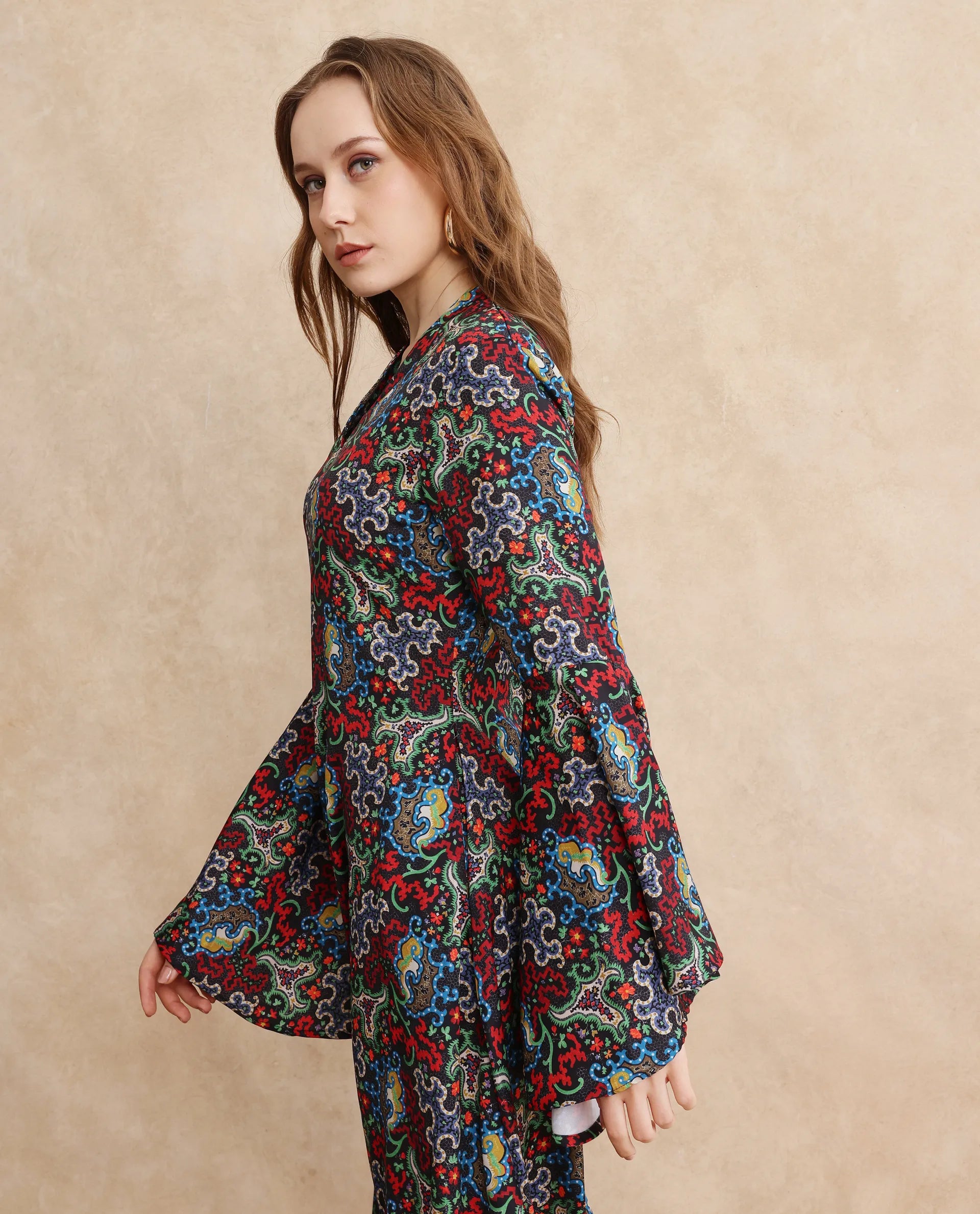 Rareism Women's Bedx Dark Multi  V-Neck Zipper Closure Bell Sleeve Abstract Fit And Flare Maxi Dress