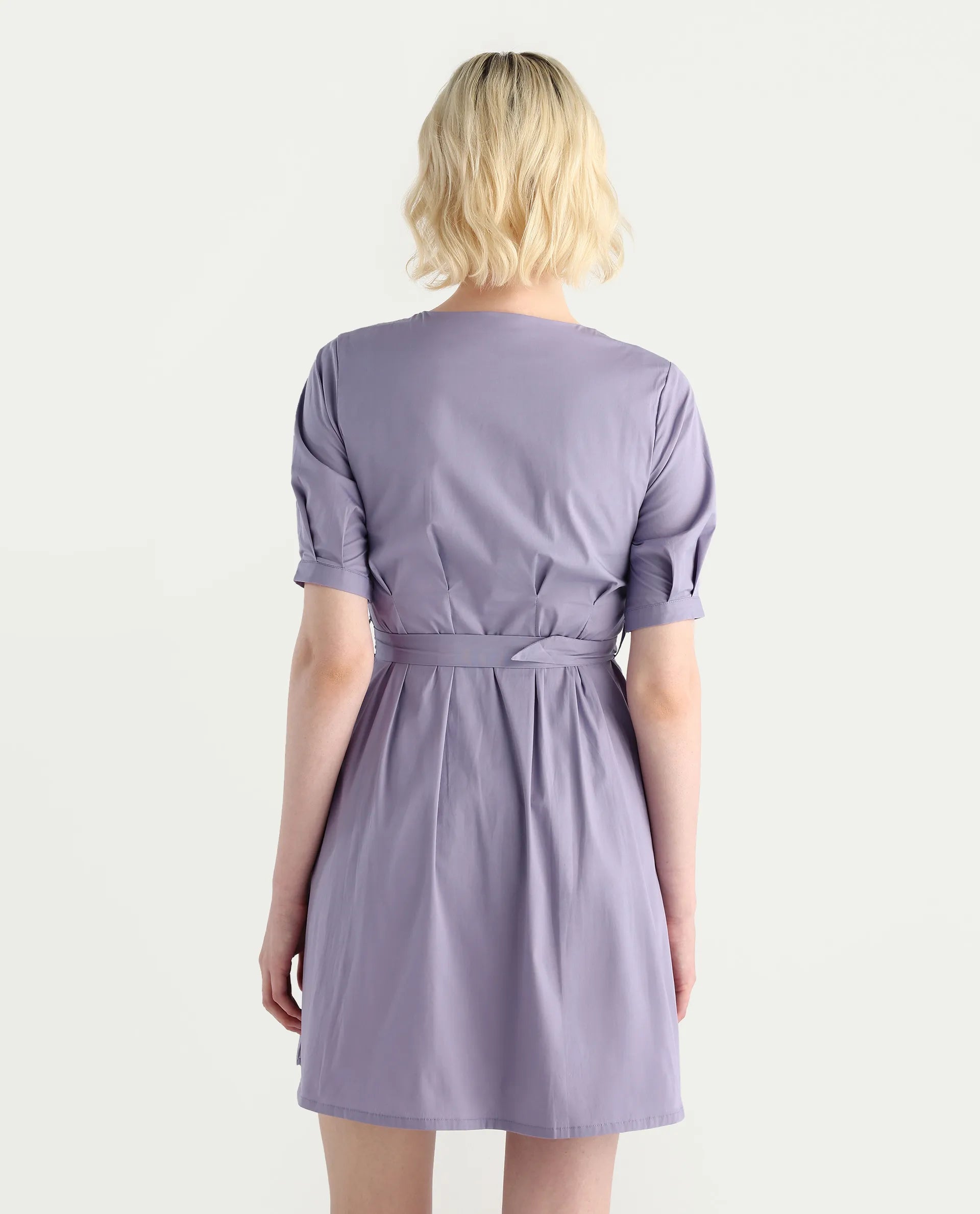 Rareism Women's Beew Dusky Purple Cotton Blend V-Neck Plain Bishop Sleeve Mini Fit And Flare Dress