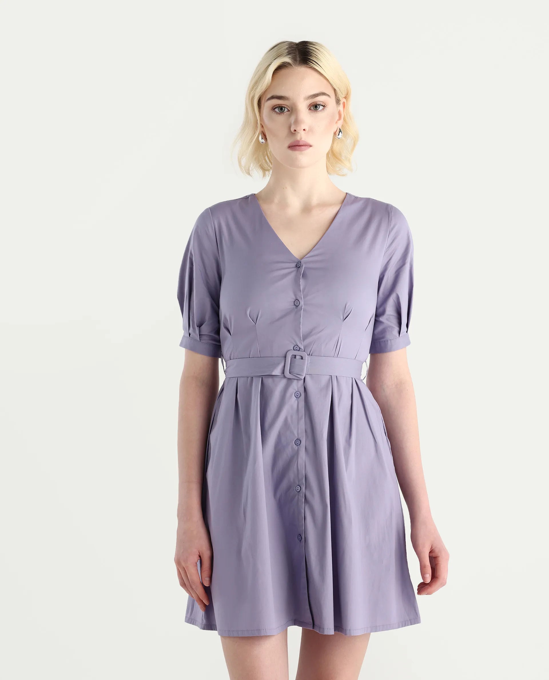 Rareism Women's Beew Dusky Purple Cotton Blend V-Neck Plain Bishop Sleeve Mini Fit And Flare Dress