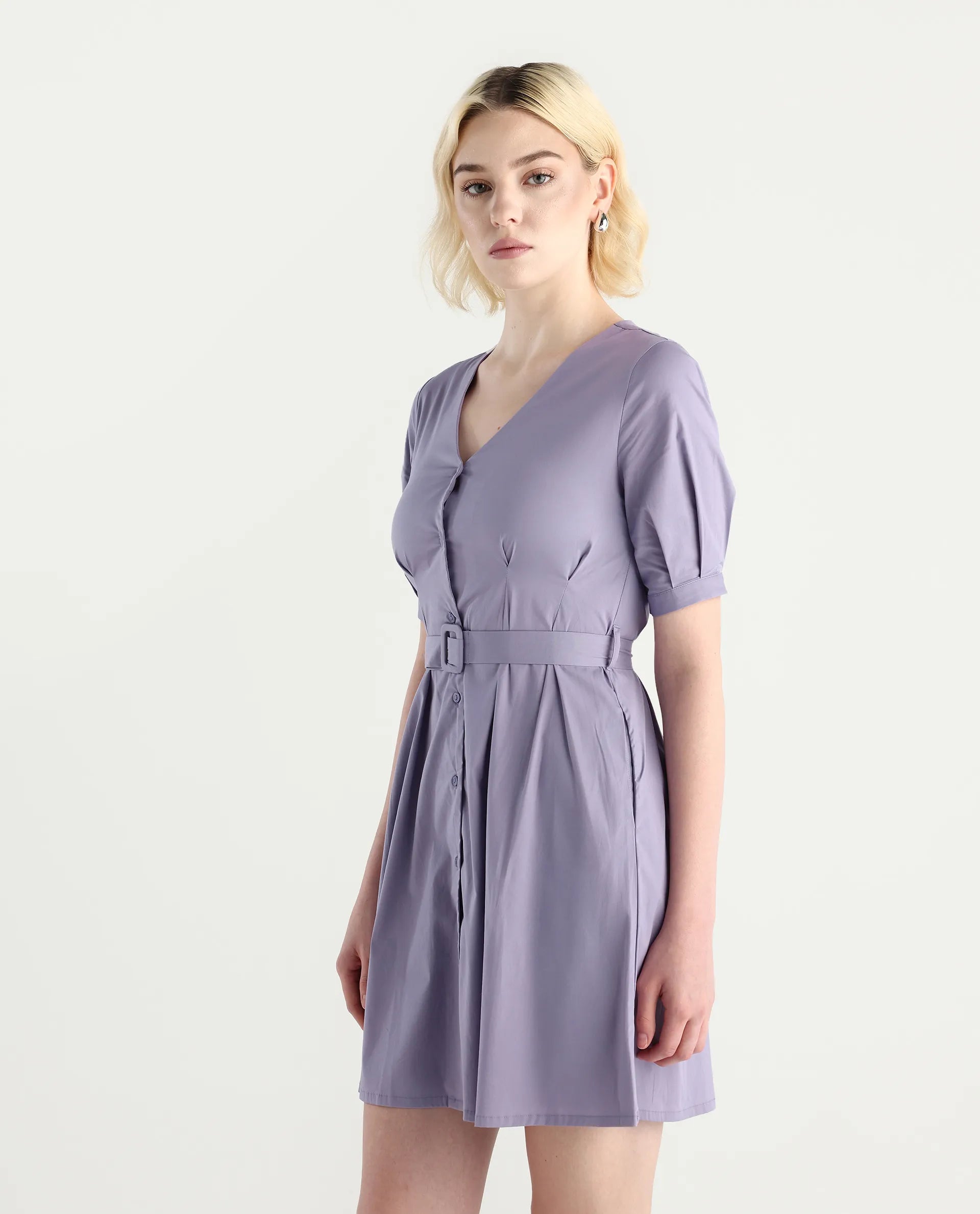 Rareism Women's Beew Dusky Purple Cotton Blend V-Neck Plain Bishop Sleeve Mini Fit And Flare Dress