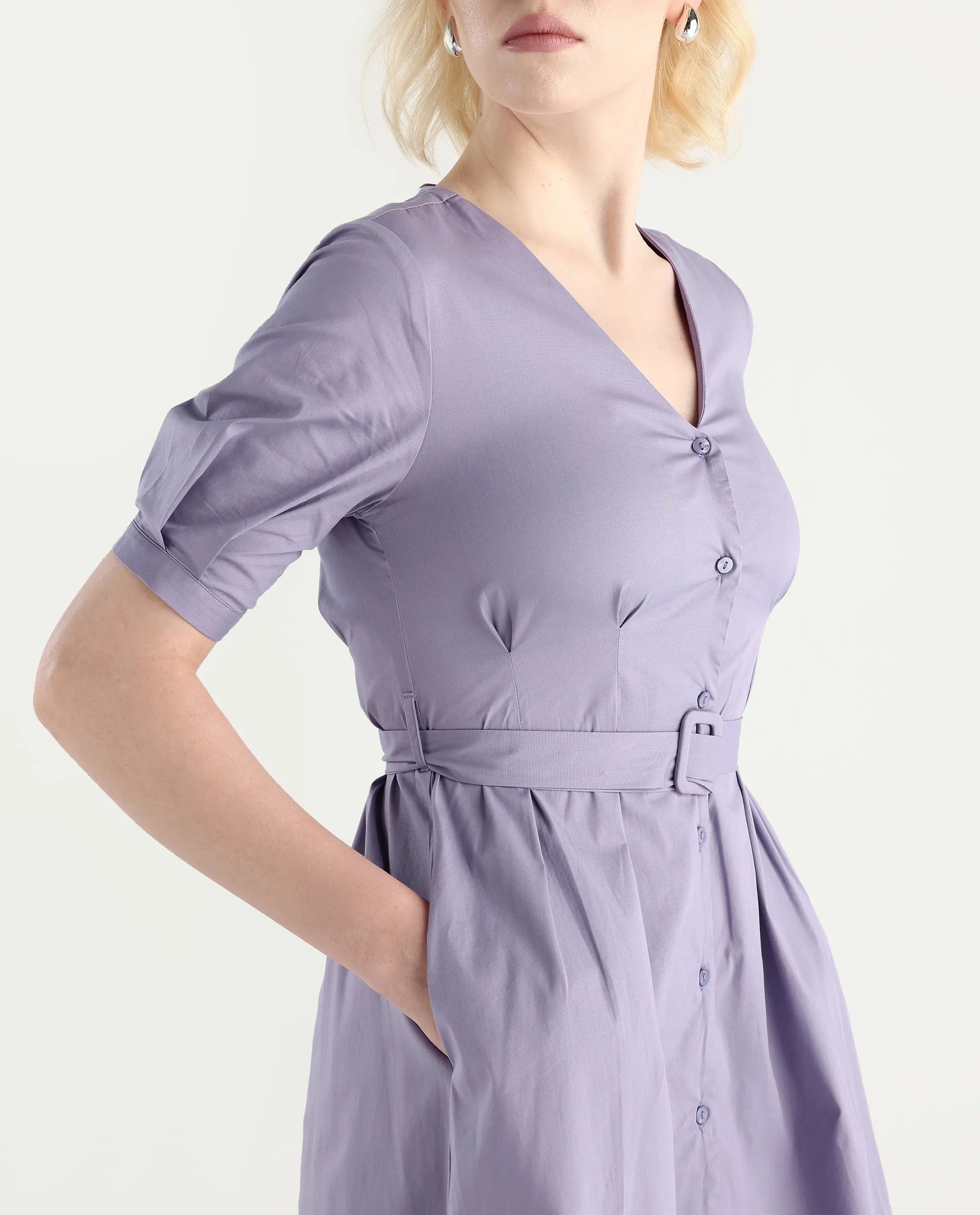 Rareism Women's Beew Dusky Purple Cotton Blend V-Neck Plain Bishop Sleeve Mini Fit And Flare Dress