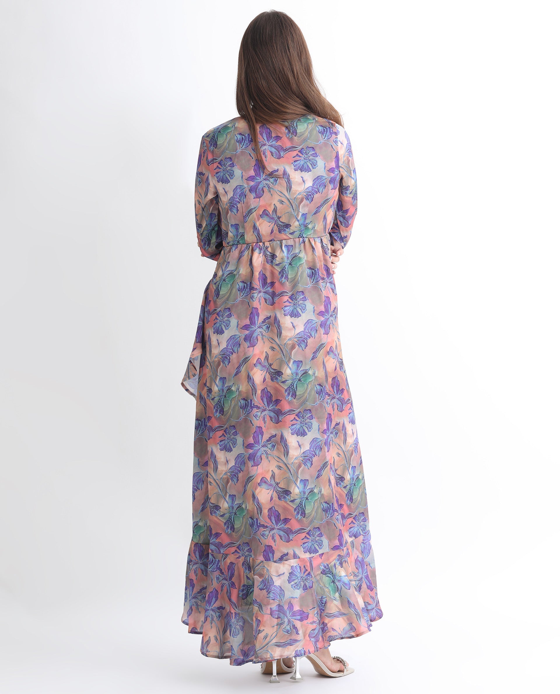 Rareism Women Belen Pastel Blue Polyester Fabric Full Sleeves Zip Closure V-Neck Flared Fit Floral Print Maxi Empire Dress