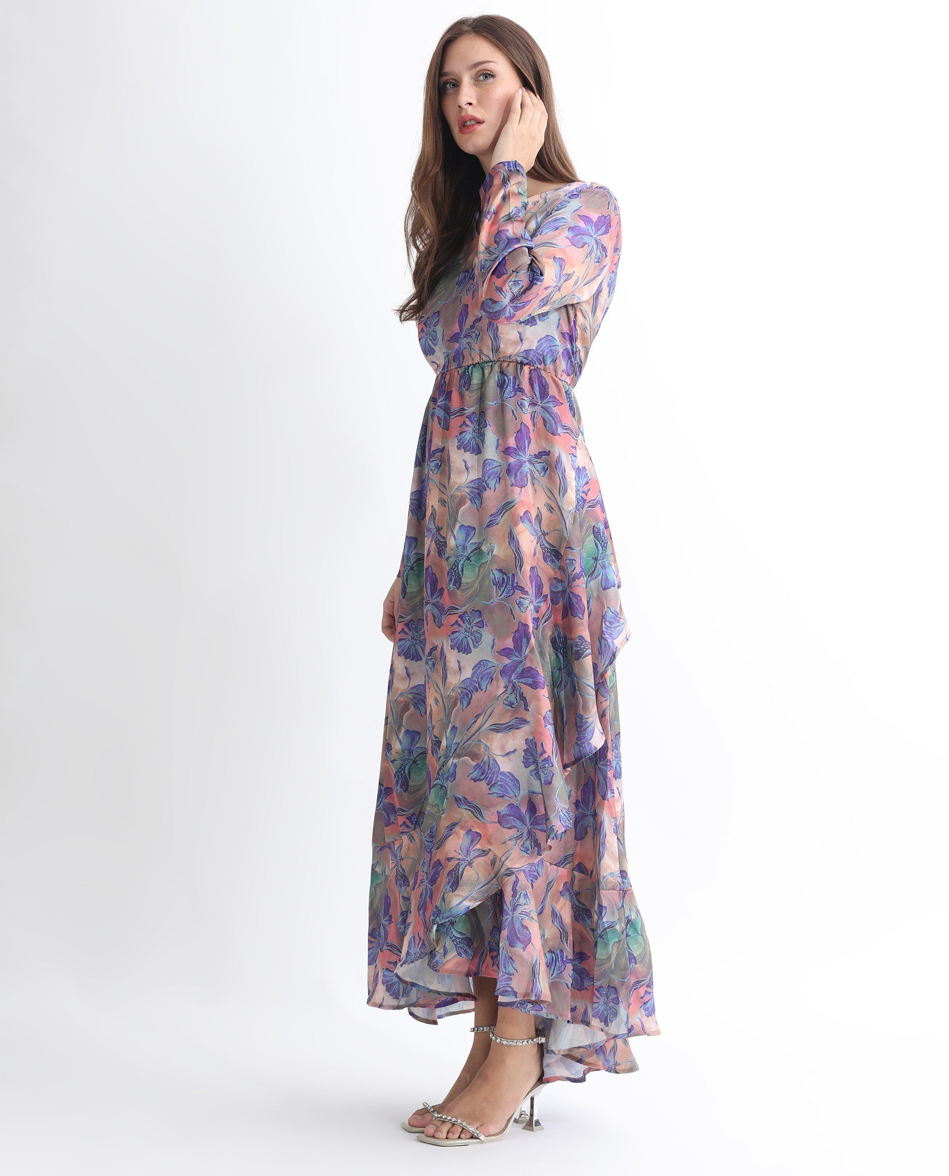 Rareism Women Belen Pastel Blue Polyester Fabric Full Sleeves Zip Closure V-Neck Flared Fit Floral Print Maxi Empire Dress