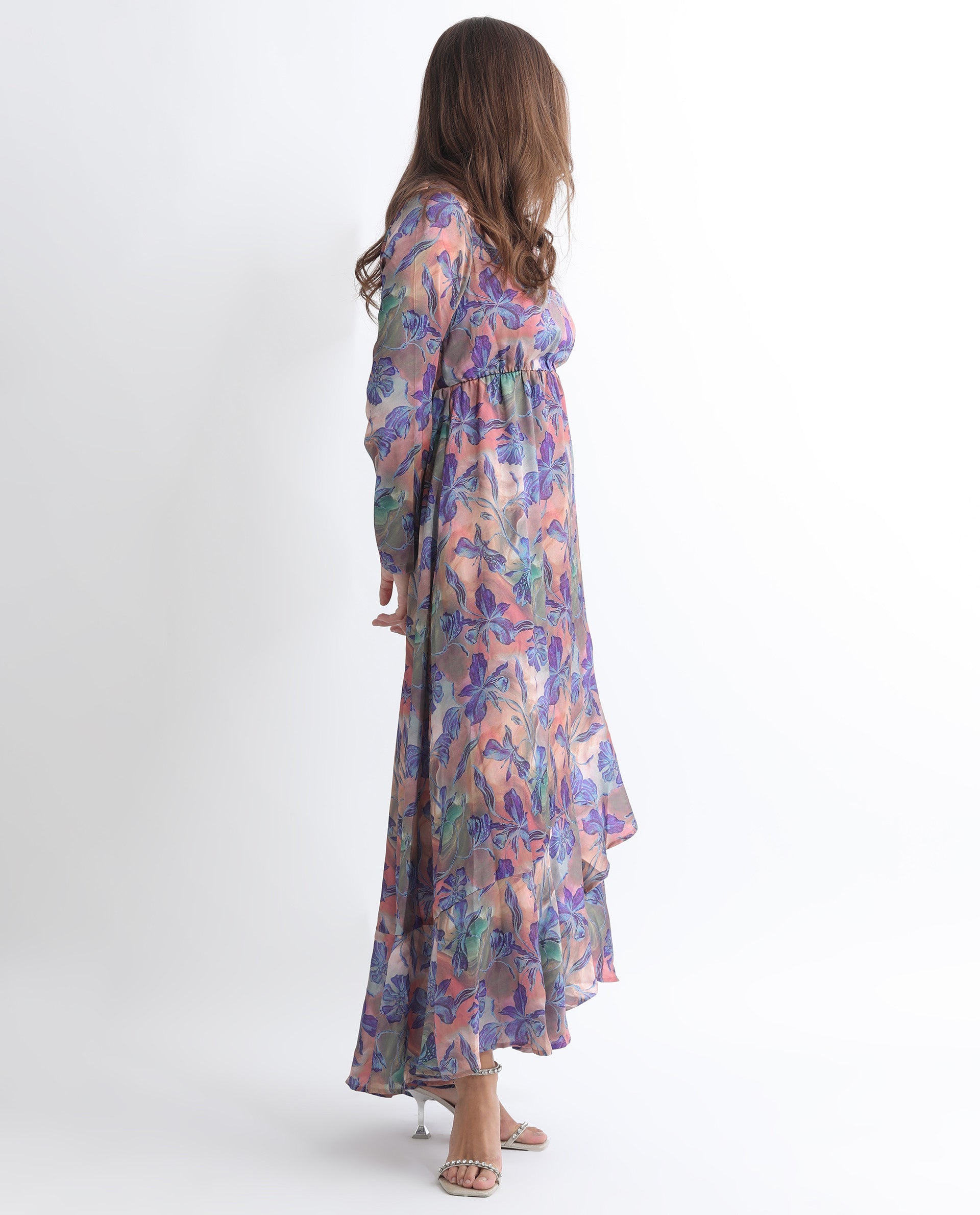 Rareism Women Belen Pastel Blue Polyester Fabric Full Sleeves Zip Closure V-Neck Flared Fit Floral Print Maxi Empire Dress
