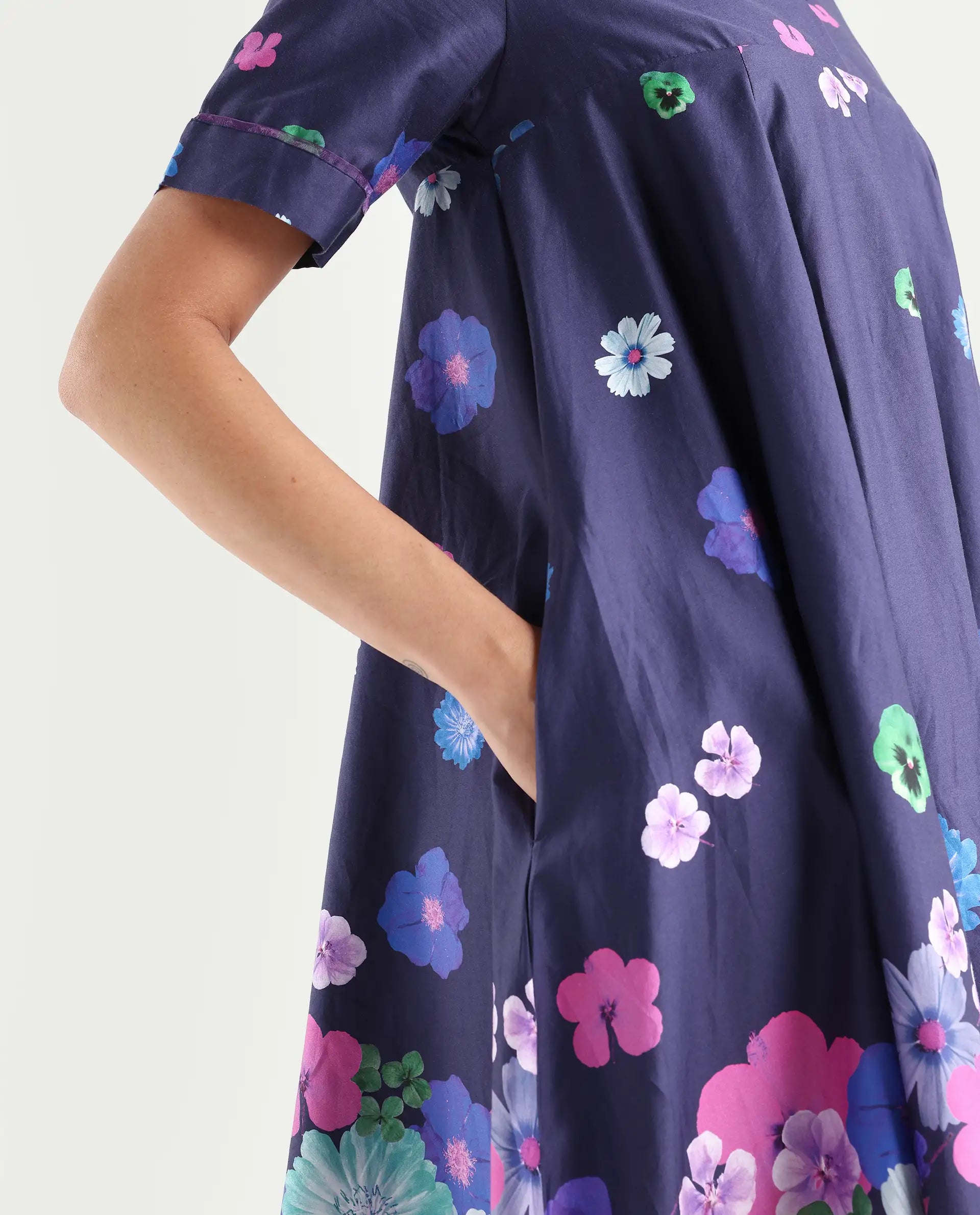 Rareism Women's Belente Blue Cotton Lapel Neck Floral Print Midi Flared Dress
