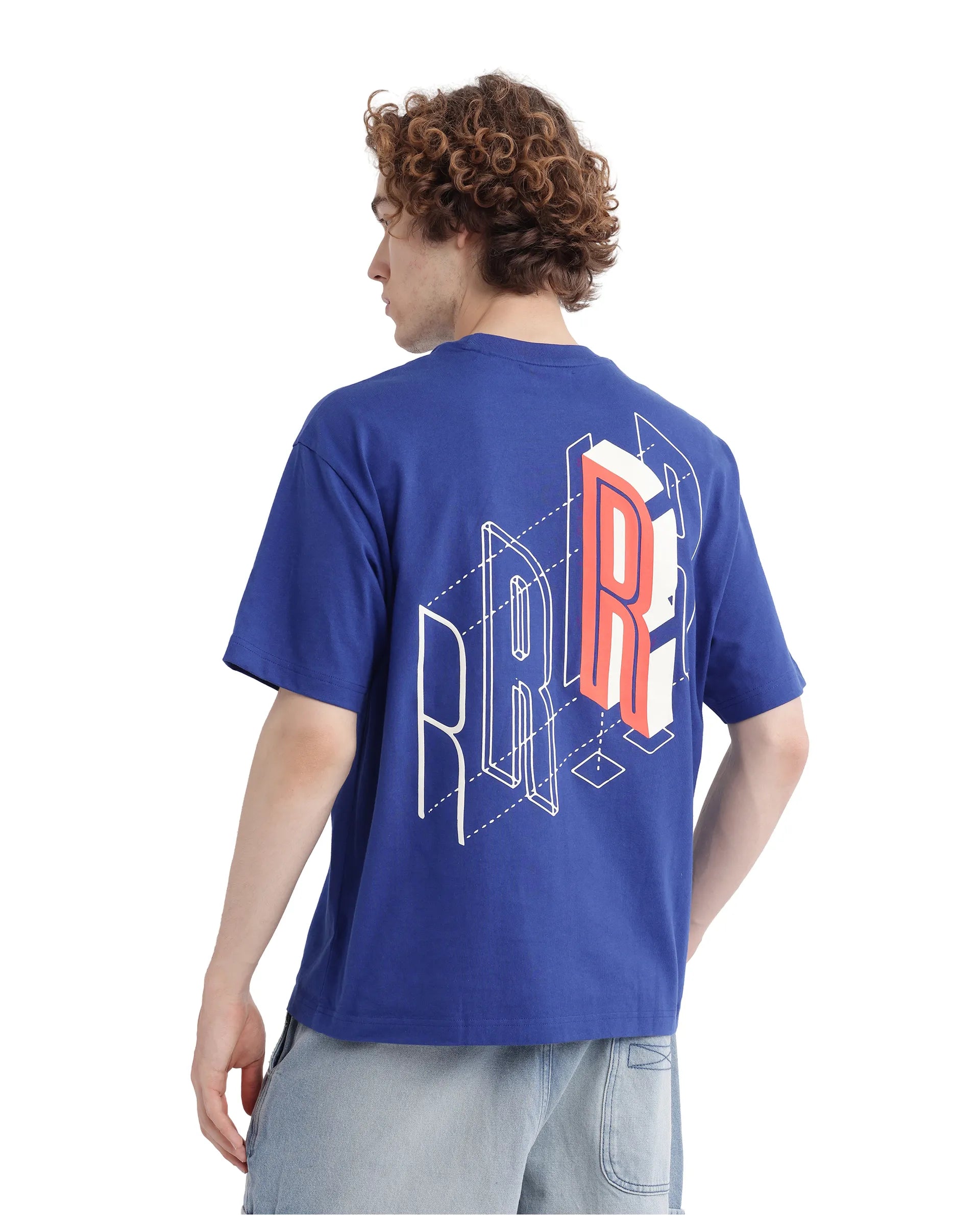 Rare Rabbit Men Belet Blue Cotton Fabric Short Sleeve Crew Neck Oversized Fit HD Backprint with Label Details T-Shirt