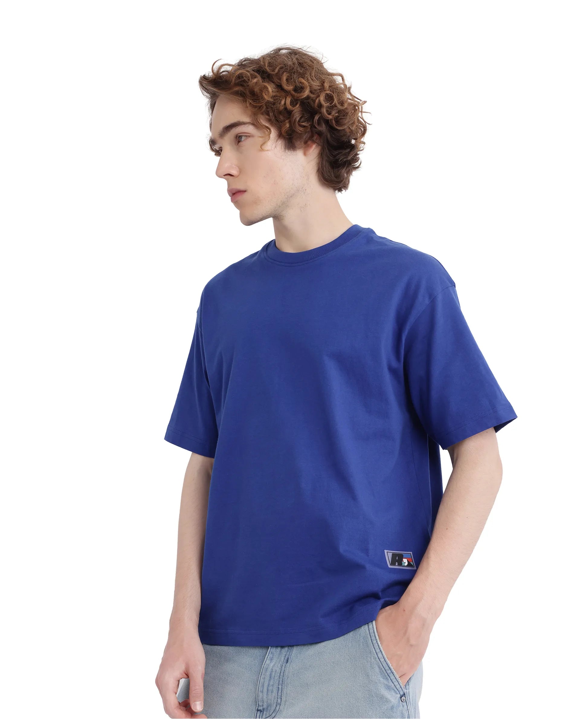 Rare Rabbit Men Belet Blue Cotton Fabric Short Sleeve Crew Neck Oversized Fit HD Backprint with Label Details T-Shirt