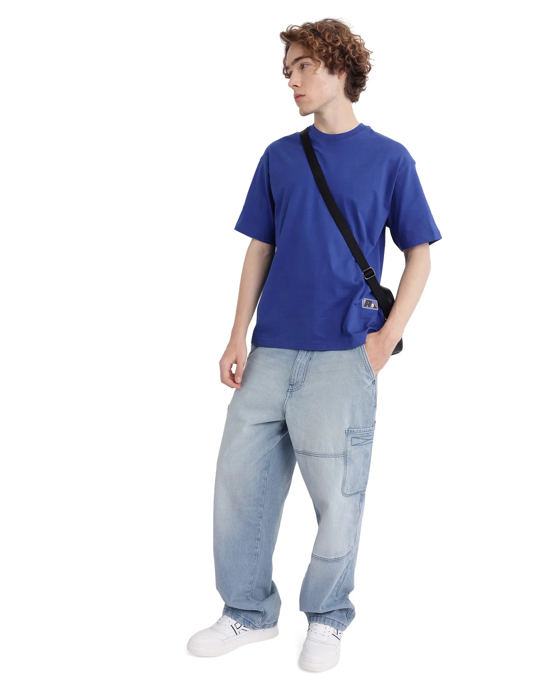 Rare Rabbit Men Belet Blue Cotton Fabric Short Sleeve Crew Neck Oversized Fit HD Backprint with Label Details T-Shirt