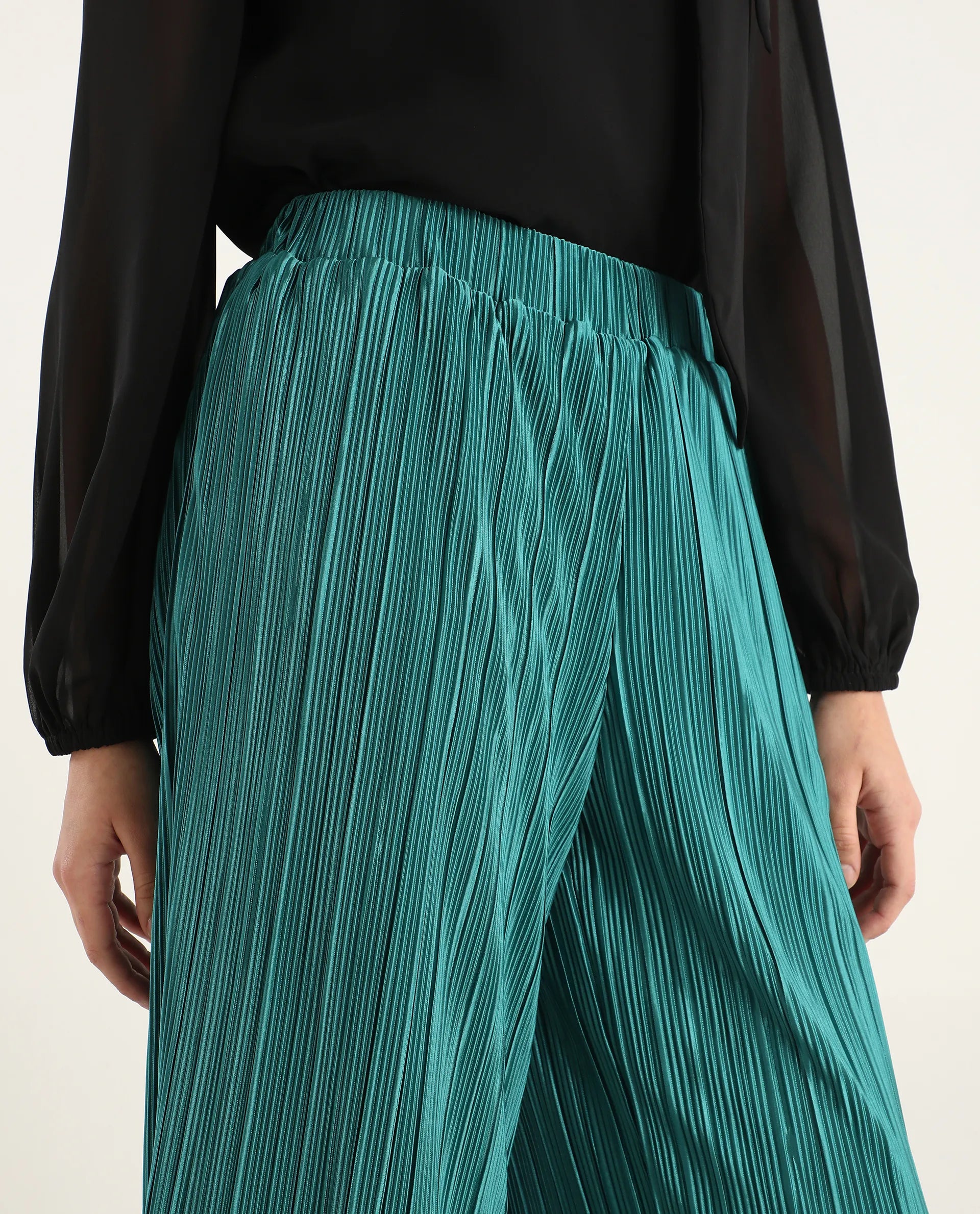 Rareism Women's Belgarde-B Petrol Polyester Plain Ankle Length Straight Fit Trouser