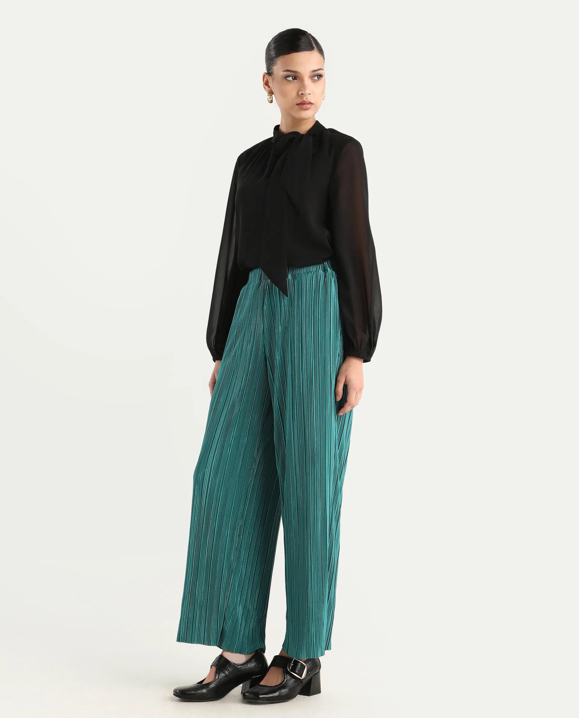 Rareism Women's Belgarde-B Petrol Polyester Plain Ankle Length Straight Fit Trouser