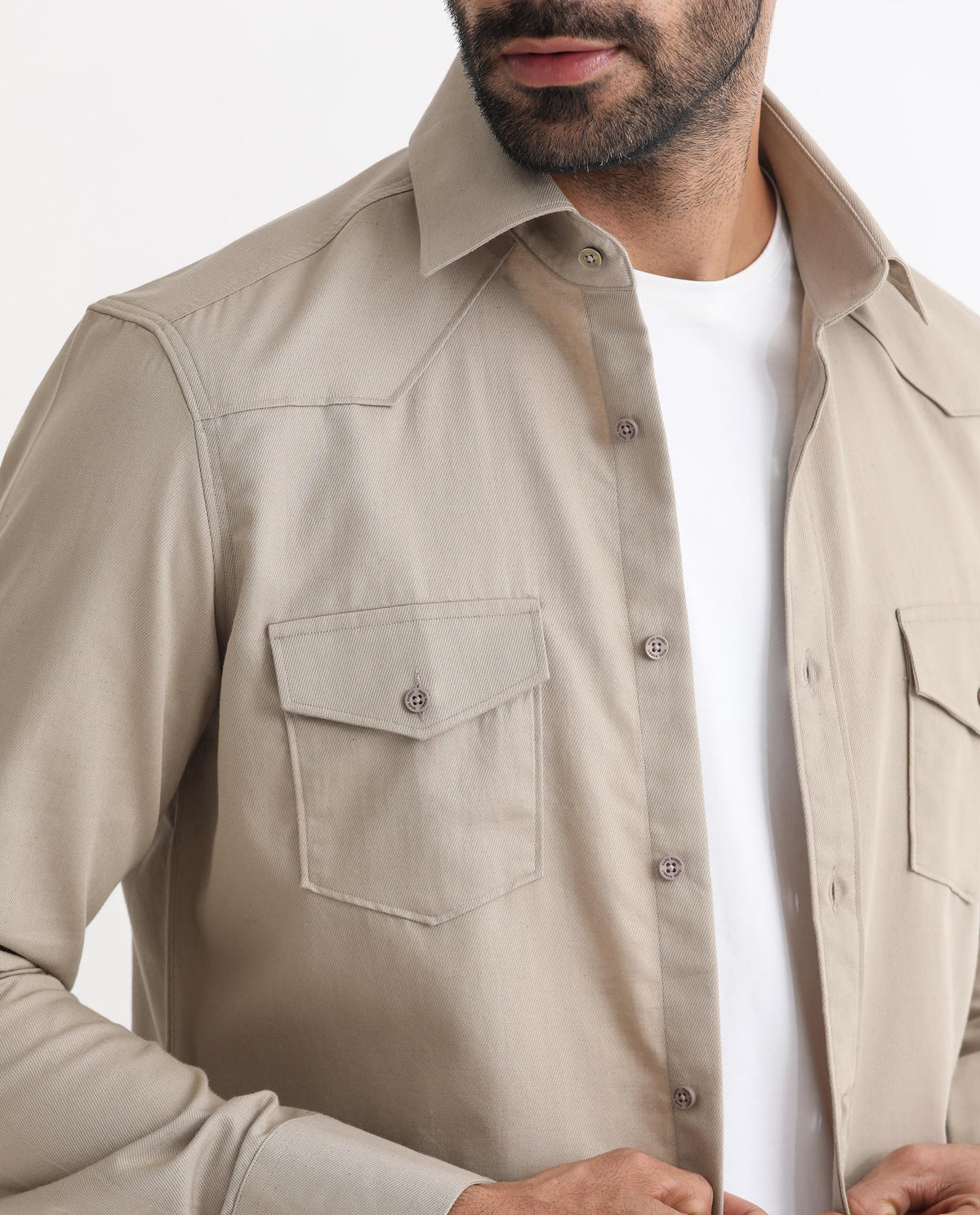 Rare Rabbit Men's Belia Beige Cotton Fabric Full Sleeves Solid Shirt