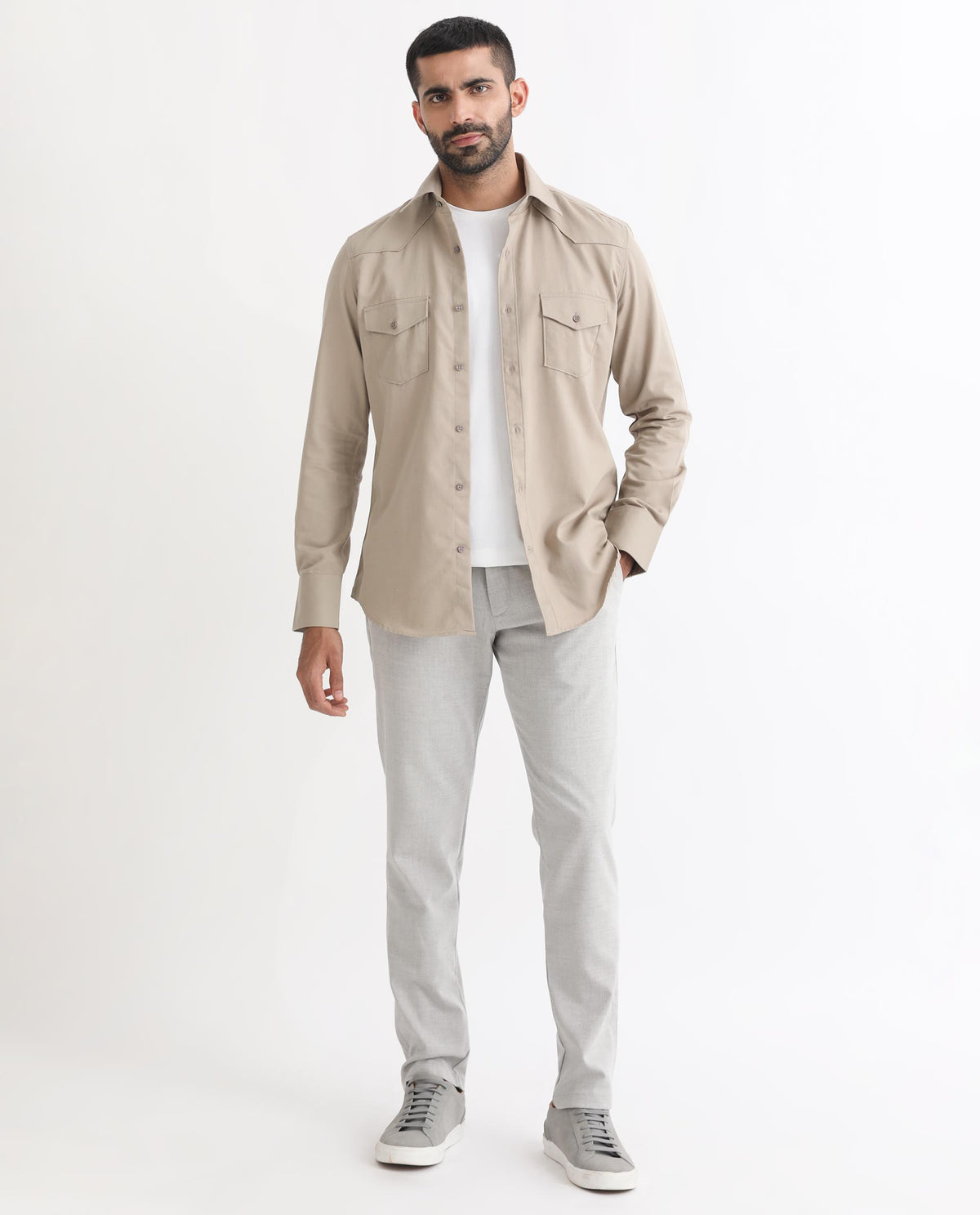 Rare Rabbit Men's Belia Beige Cotton Fabric Full Sleeves Solid Shirt