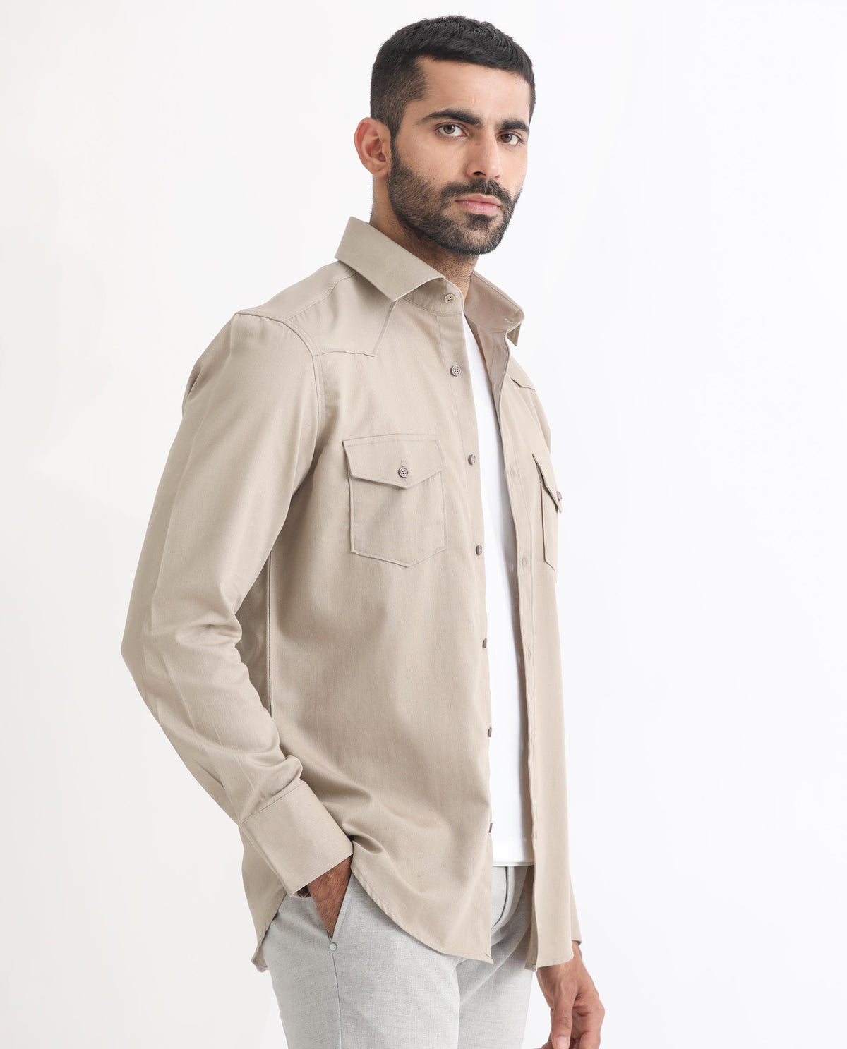 Rare Rabbit Men's Belia Beige Cotton Fabric Full Sleeves Solid Shirt