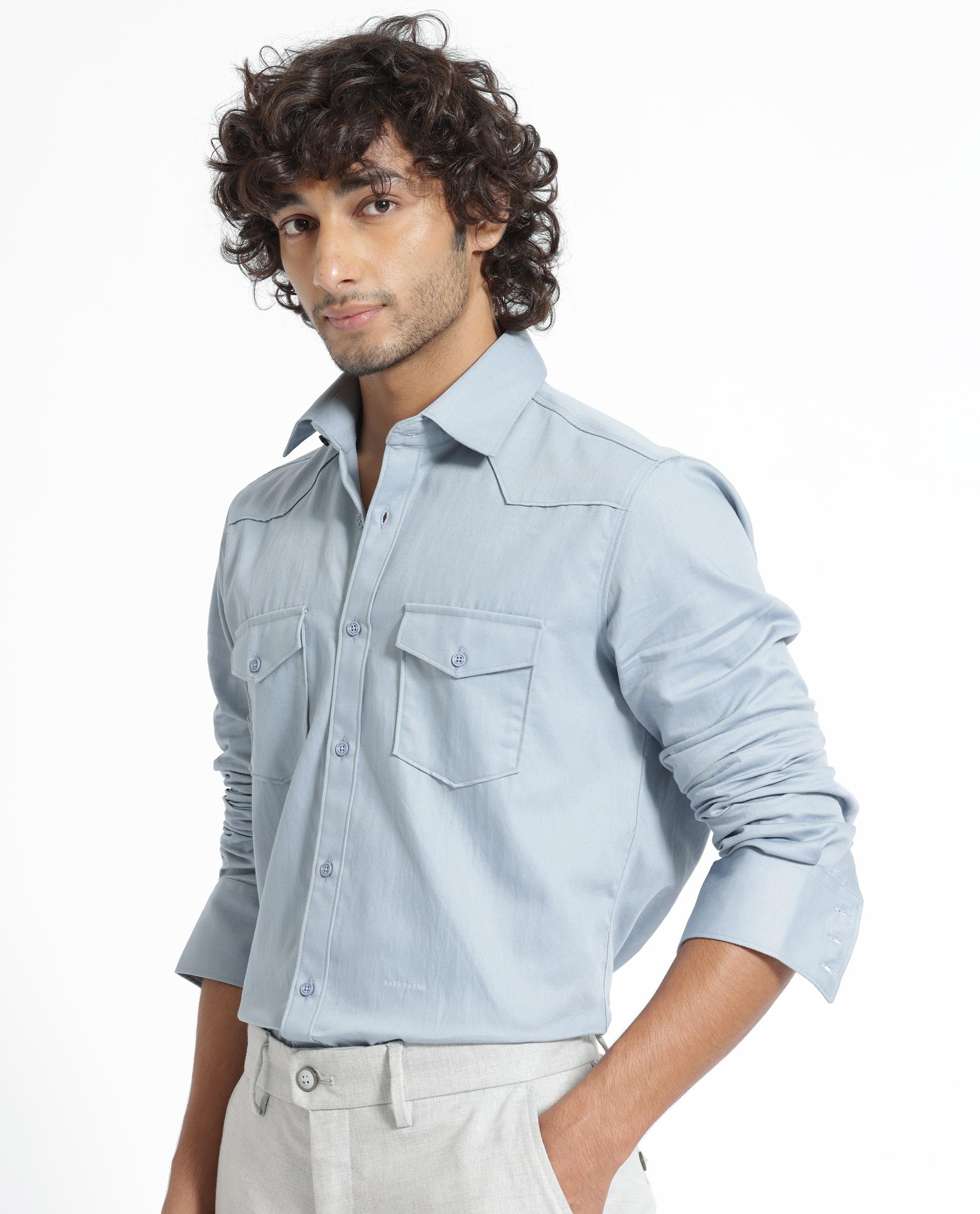 Rare Rabbit Men's Belia Dusky Blue Cotton Fabric Full Sleeves Solid Shirt