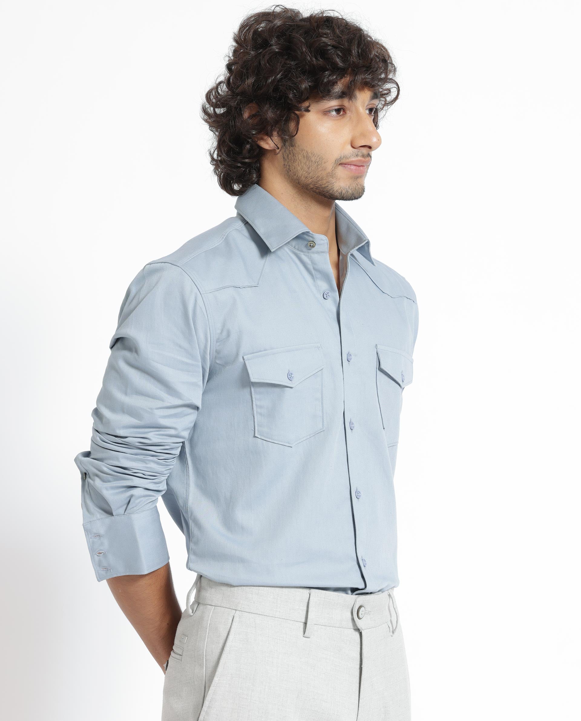 Rare Rabbit Men's Belia Dusky Blue Cotton Fabric Full Sleeves Solid Shirt