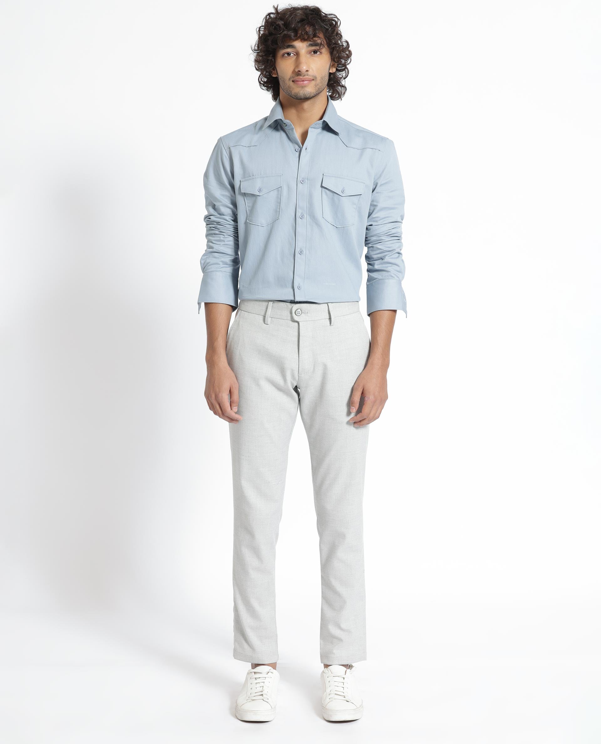 Rare Rabbit Men's Belia Dusky Blue Cotton Fabric Full Sleeves Solid Shirt