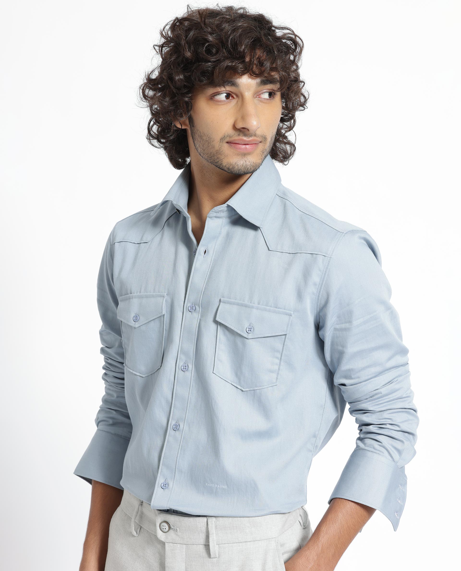 Rare Rabbit Men's Belia Dusky Blue Cotton Fabric Full Sleeves Solid Shirt