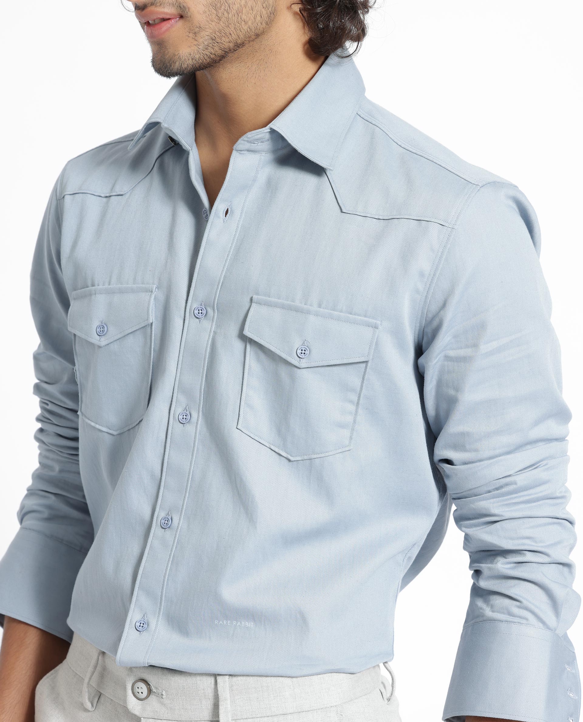 Rare Rabbit Men's Belia Dusky Blue Cotton Fabric Full Sleeves Solid Shirt
