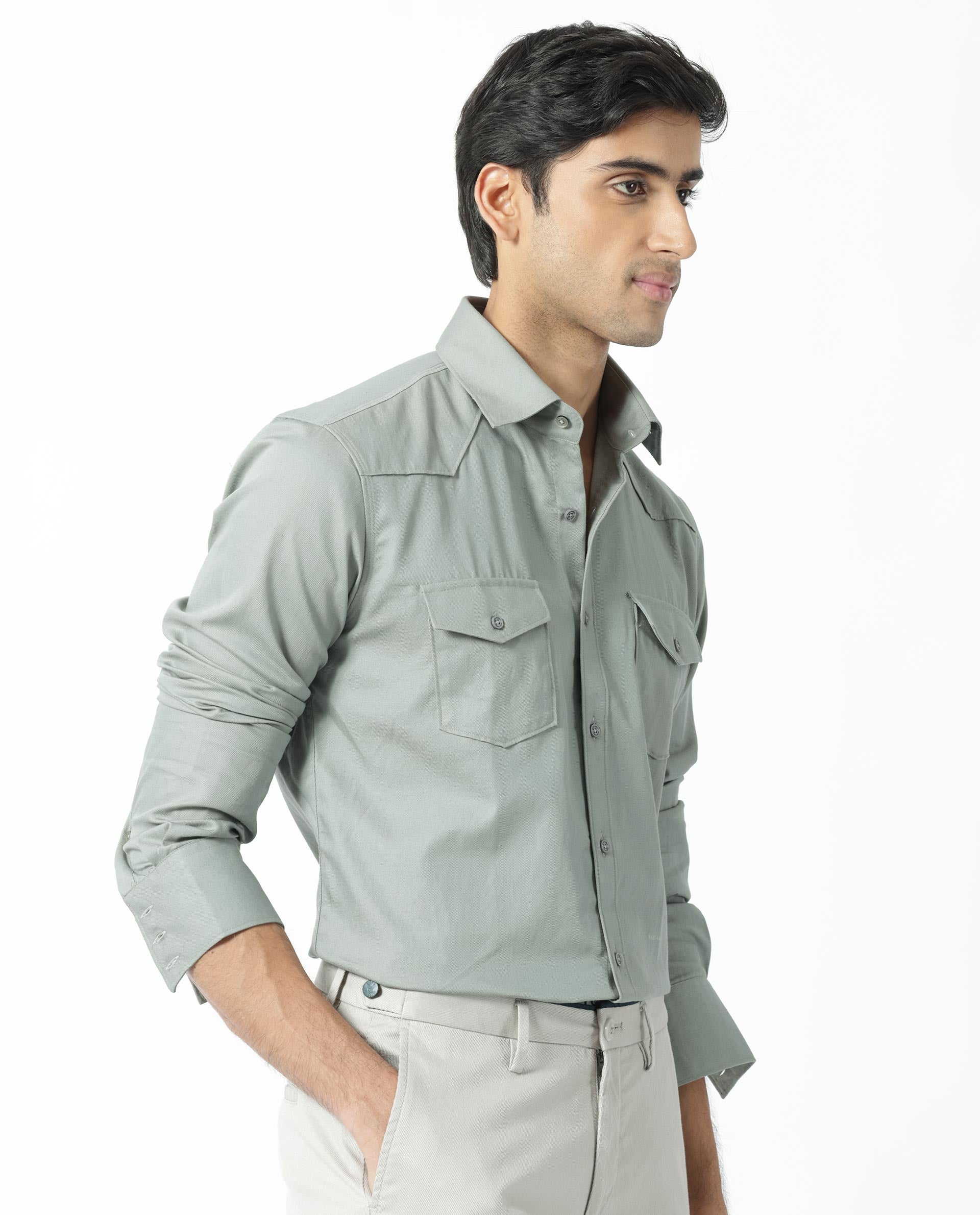 Rare Rabbit Men's Belia Dusky Green Cotton Fabric Full Sleeves Solid Shirt