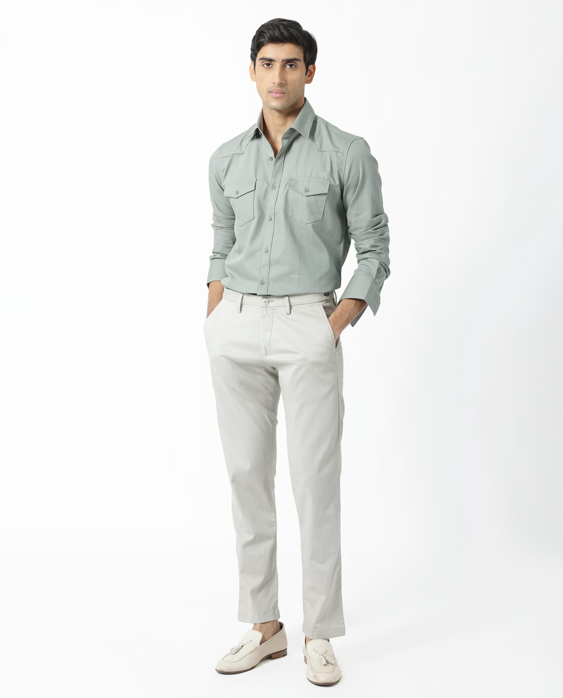 Rare Rabbit Men's Belia Dusky Green Cotton Fabric Full Sleeves Solid Shirt