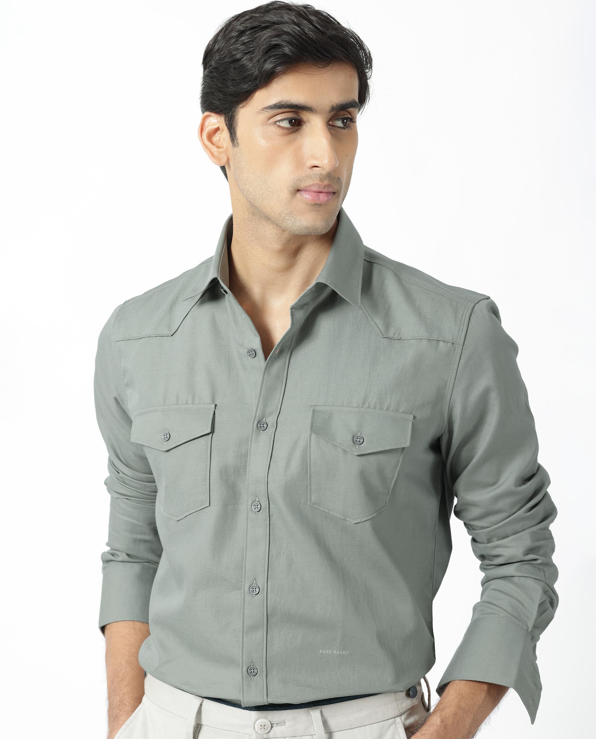 Rare Rabbit Men's Belia Dusky Green Cotton Fabric Full Sleeves Solid Shirt