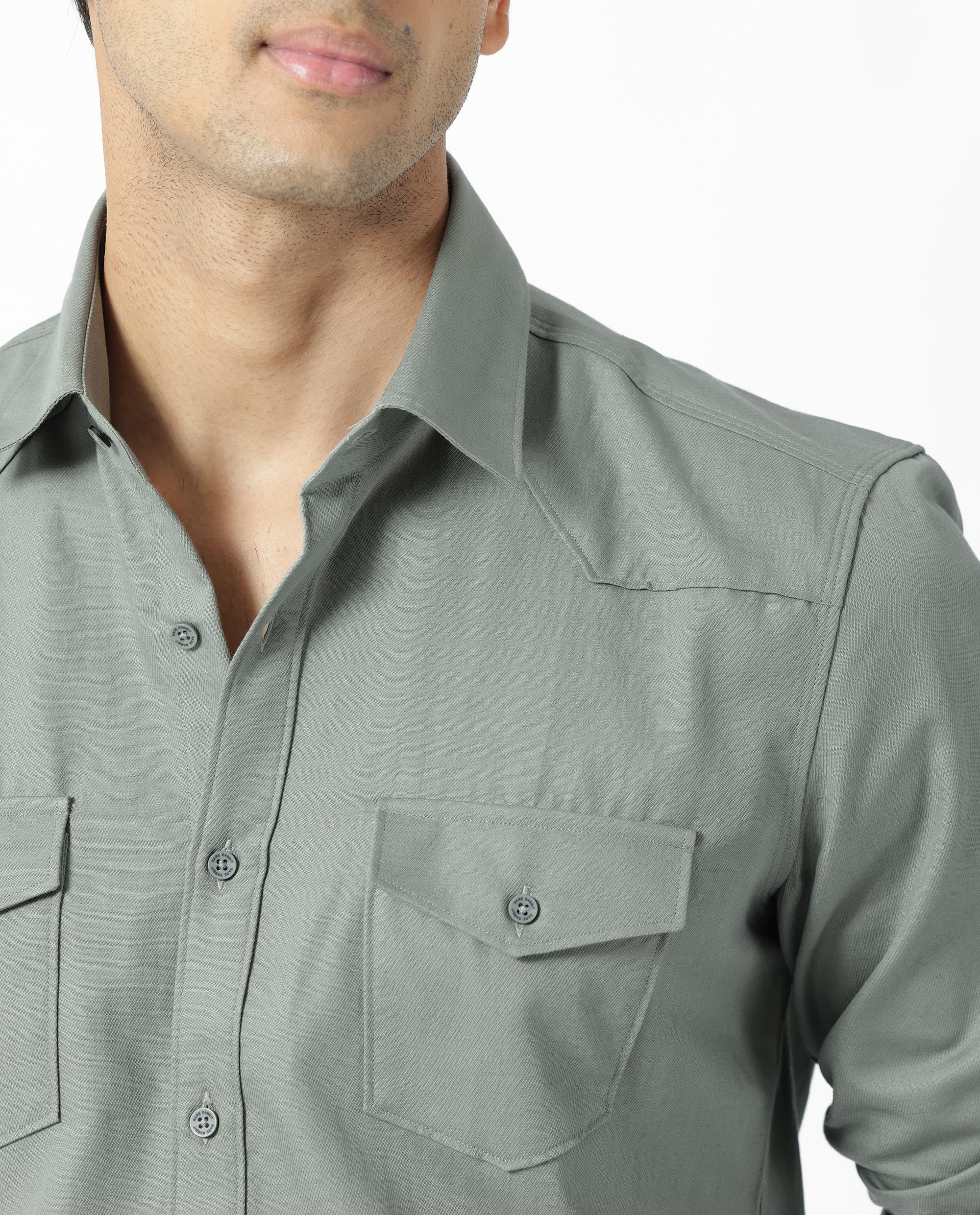 Rare Rabbit Men's Belia Dusky Green Cotton Fabric Full Sleeves Solid Shirt