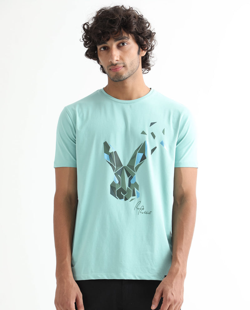 Rare Rabbit Men's Della Green Crew Neck Flock Print Branding Half Sleeves Regular Fit T-Shirt