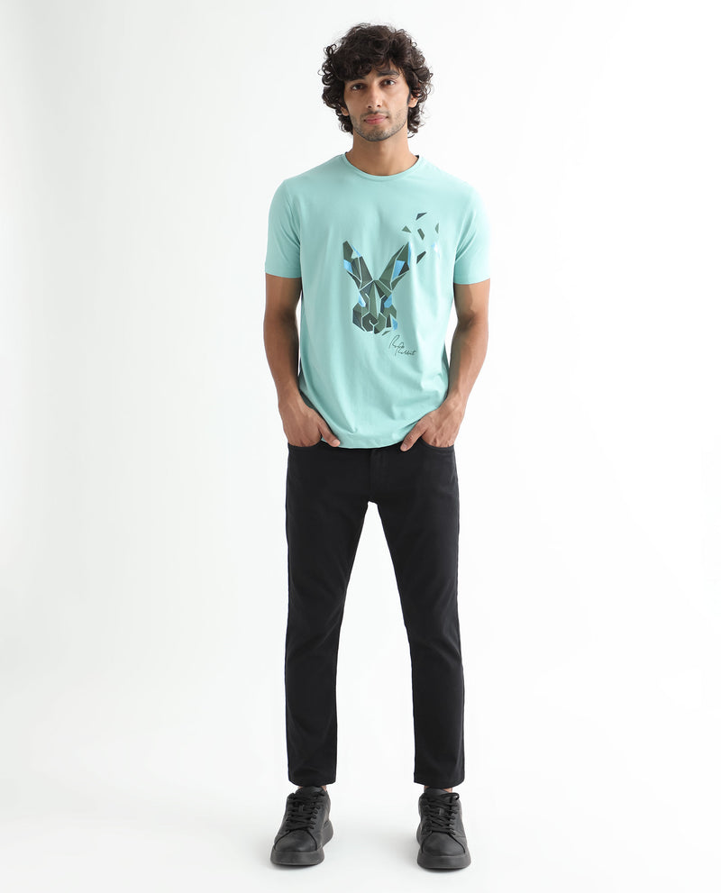 Rare Rabbit Men's Della Green Crew Neck Flock Print Branding Half Sleeves Regular Fit T-Shirt