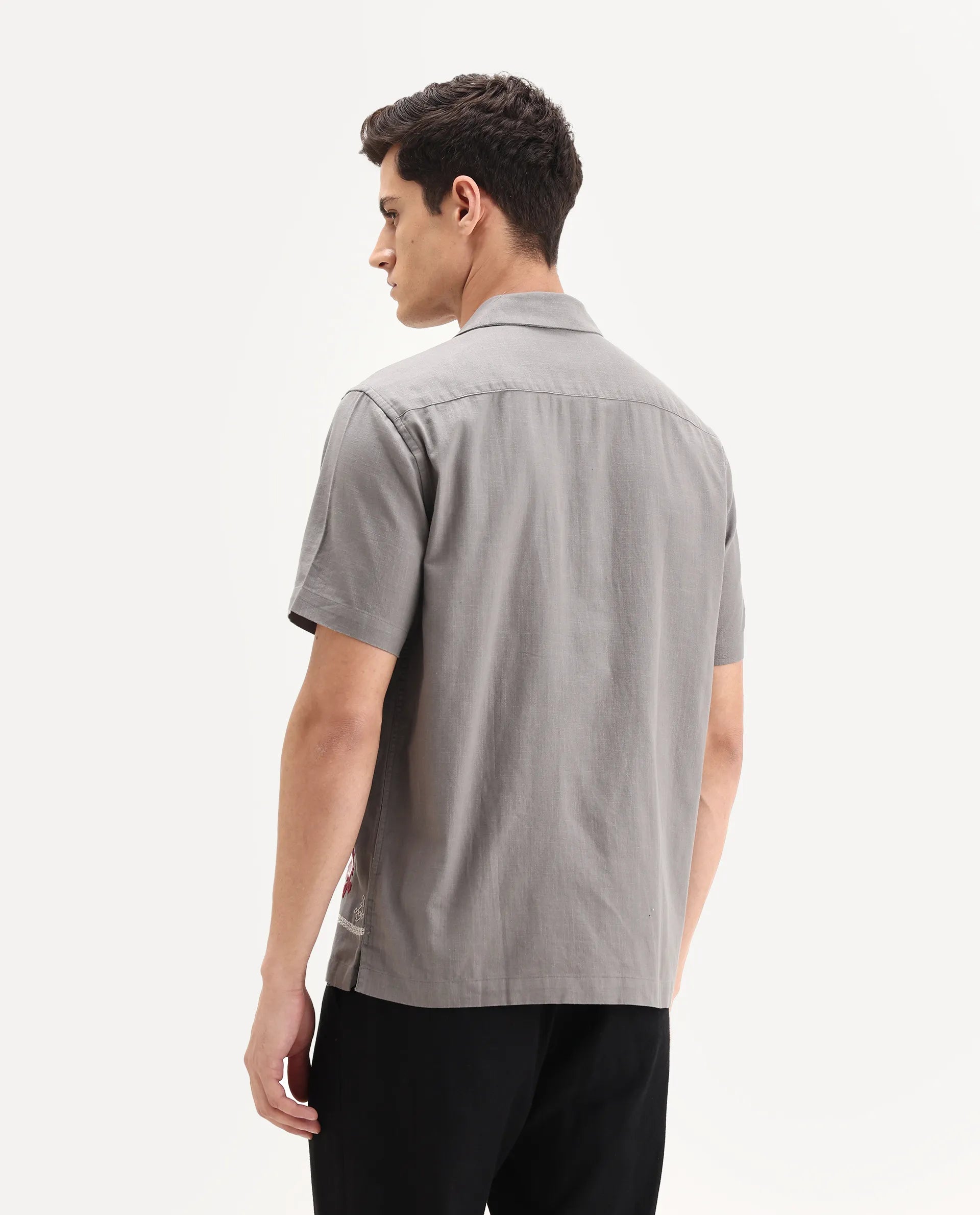 Rare Rabbit Men's Bellac Grey Cotton Embroidered Relaxed Fit Half Sleeve Cuban Collar Shirt